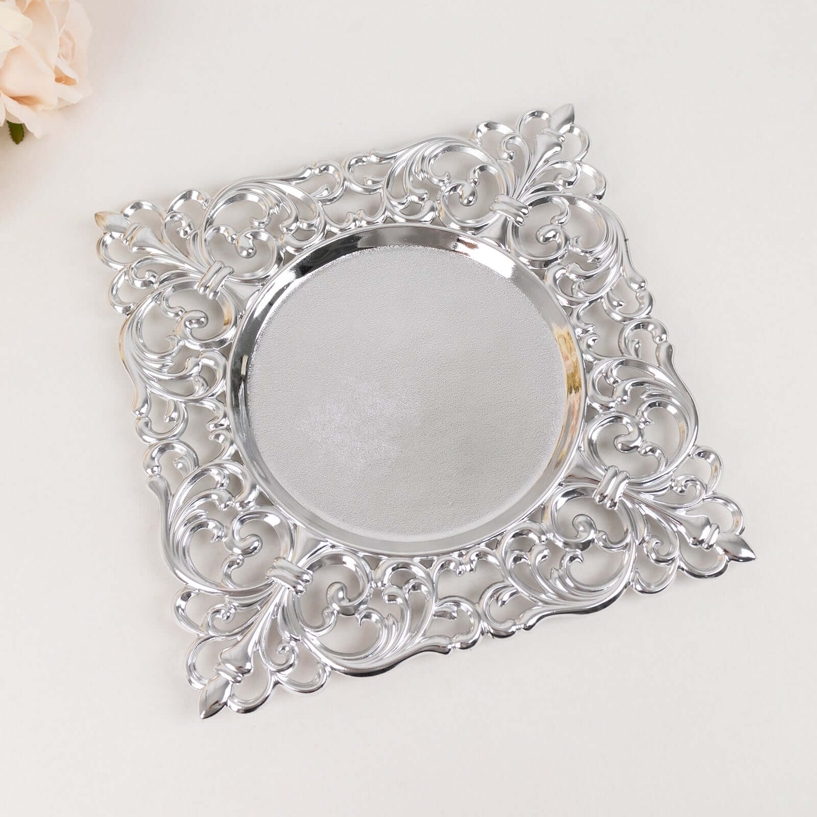 6-Pack Acrylic Square Charger Plates 12 in Silver with Hollow Lace Border, Event Tabletop Decorative Charger Tableware