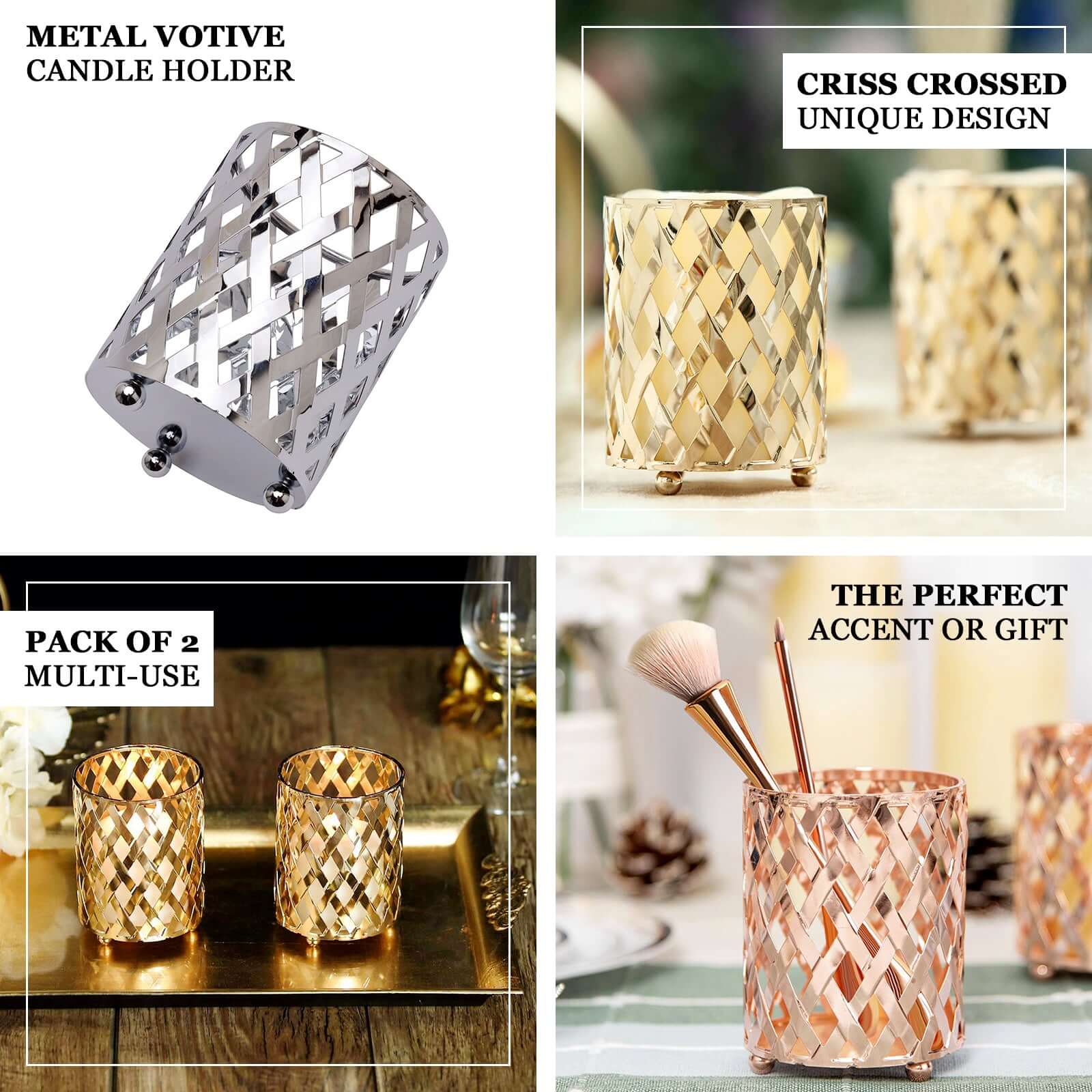 2-Pack Votive Candle Holders Gold Metal Diamond Cut Geometric Design - Perfect for Home Décor and Events 4