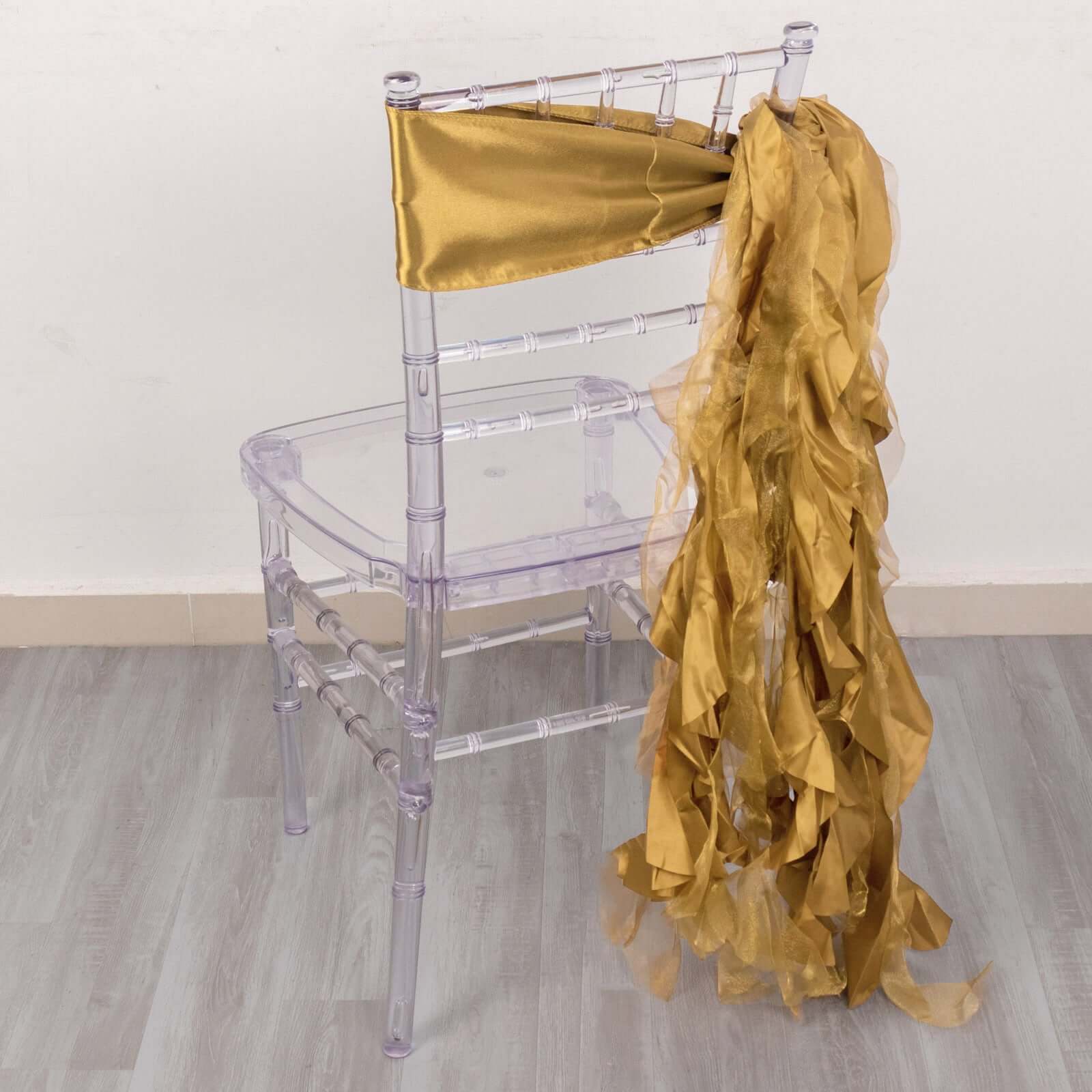 5 Pack Chiffon Satin Chair Sashes Gold - Easy to Install Lustrous Ruffled Curly Willow Wedding Chair Decorations