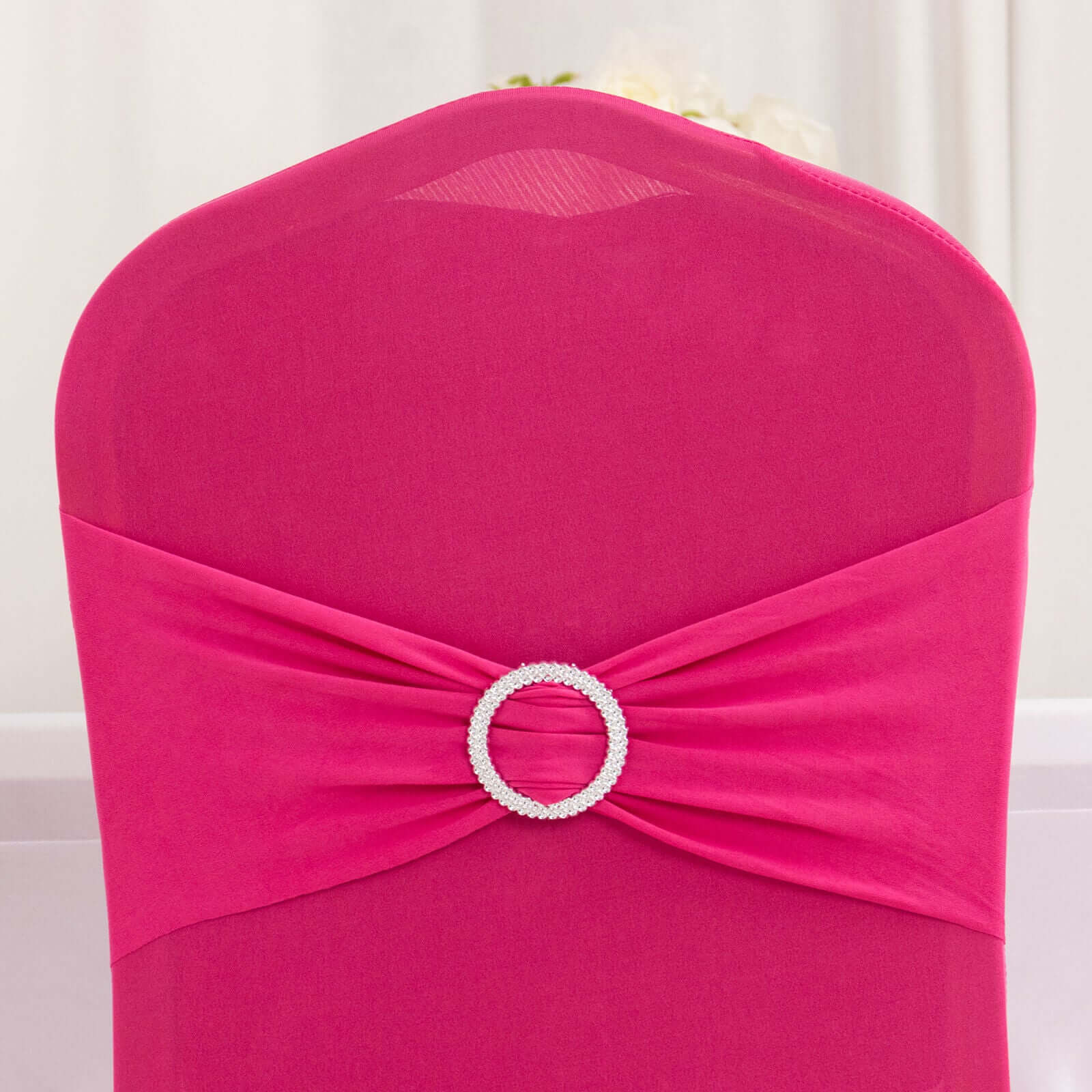 Spandex Chair Cover with Fuchsia Rhinestone Buckled Sash Band Blush - Stretch Fitted Slipcover