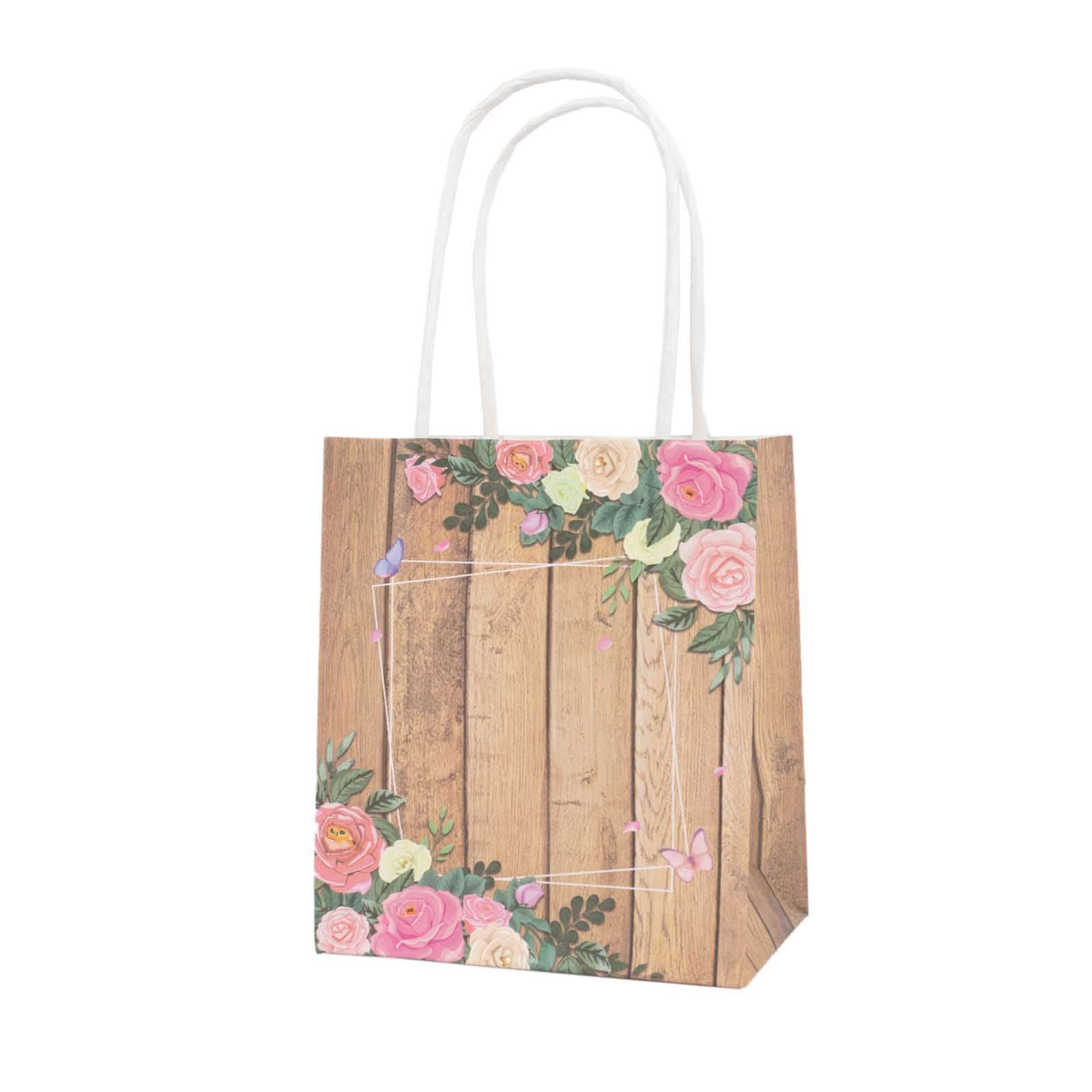 12 Pack Natural Wood Print Paper Party Favor Bags with Rose Floral Accent, Small Gift Goodie Bags With Handles - 4x5