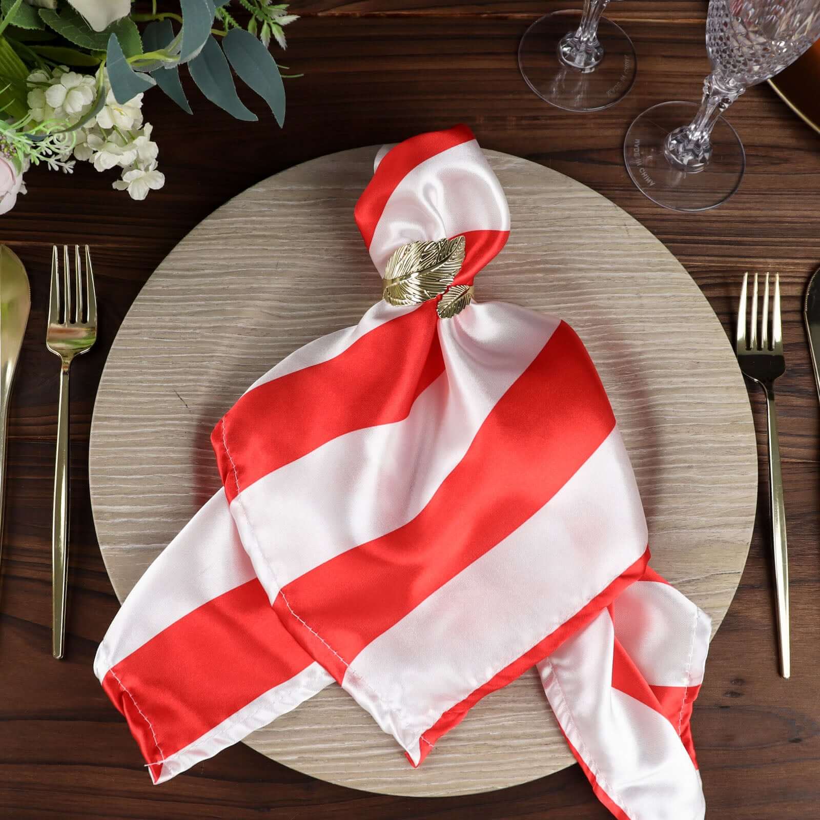 5 Pack Satin 20x20 Napkins Red/White - Striped Reusable Dinner Napkins