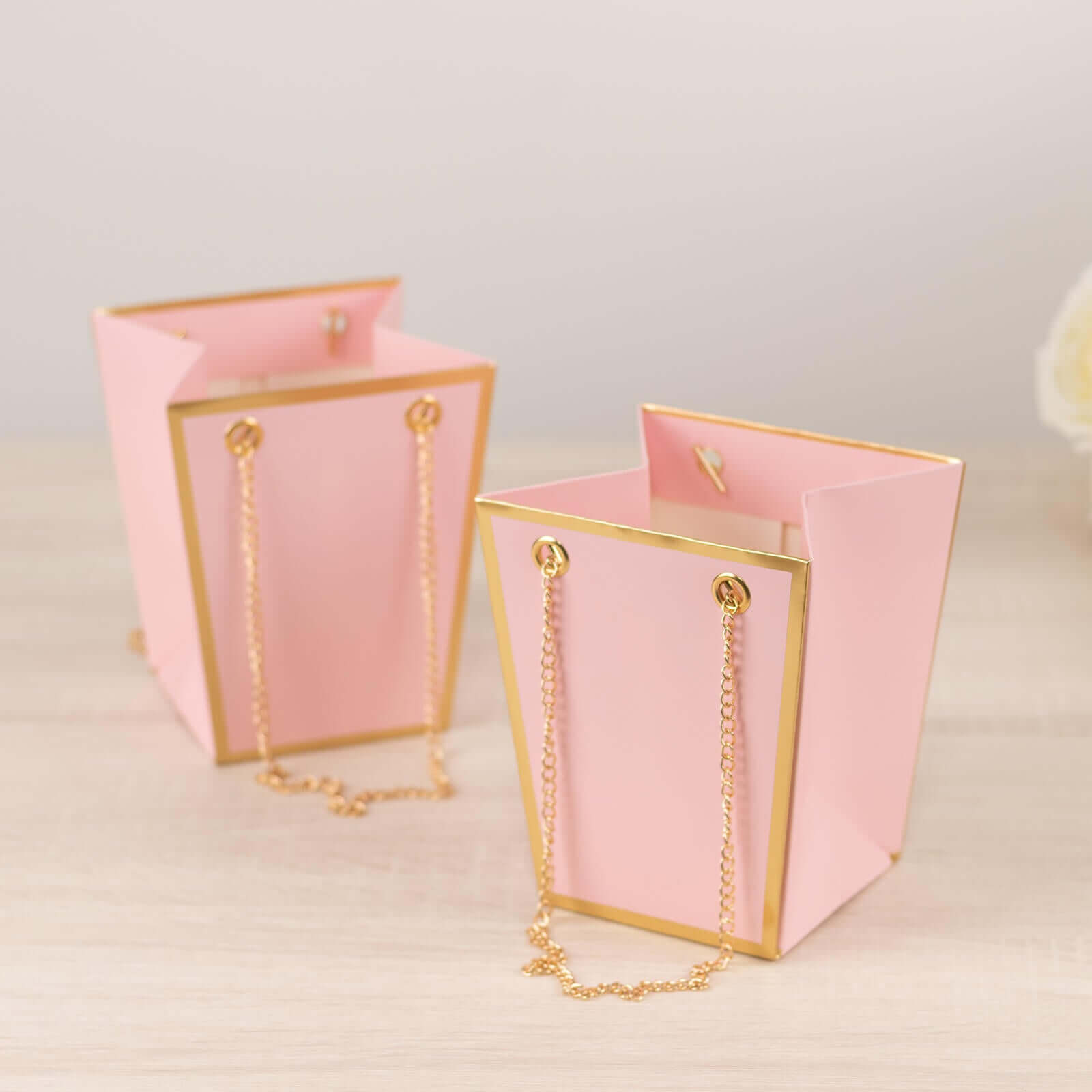 6 Pack Pink Gold Edge Paper Flower Gift Bags With Metal Chain Handles, Trapezoid Party Favor Tote Bags - 5x6