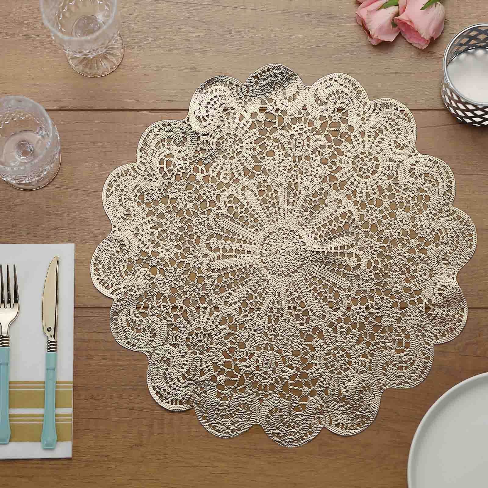 6-Pack Dining Table Mats Floral Lace Design Gold - Vinyl Non-Slip Surface with Vintage Appeal 15