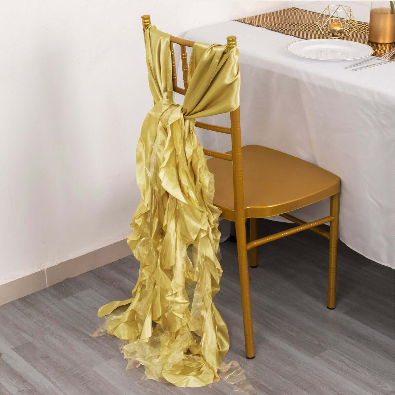 5 Pack Chiffon Satin Chair Sashes Champagne - Easy to Install Ruffled Curly Willow