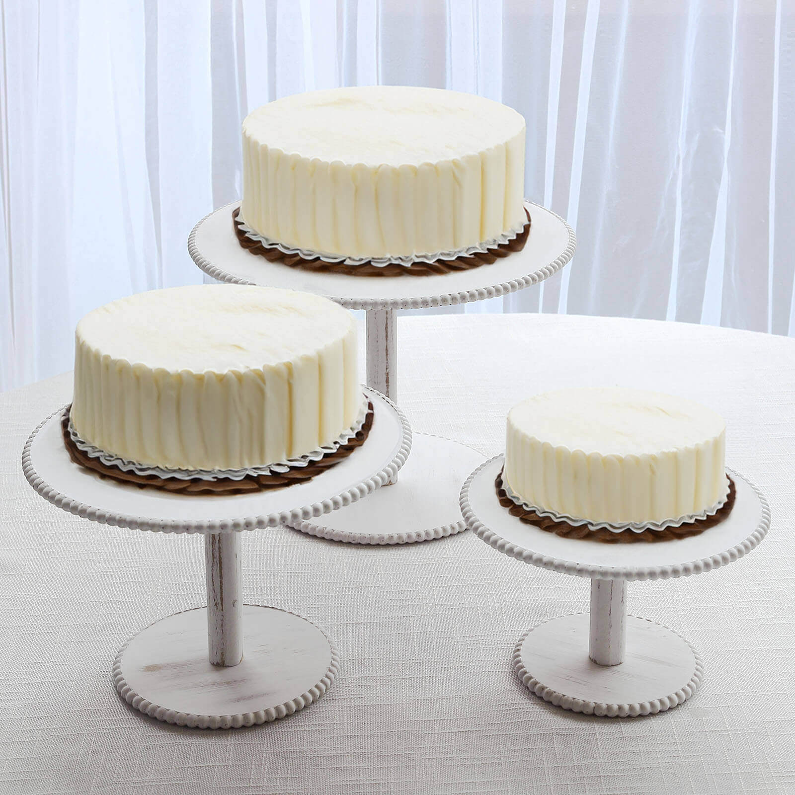 Set of 3 Wooden Pedestal Cake Stands Whitewash with Round Beaded Rim Trays - Stackable Rustic Cupcake Display 8, 10, 12