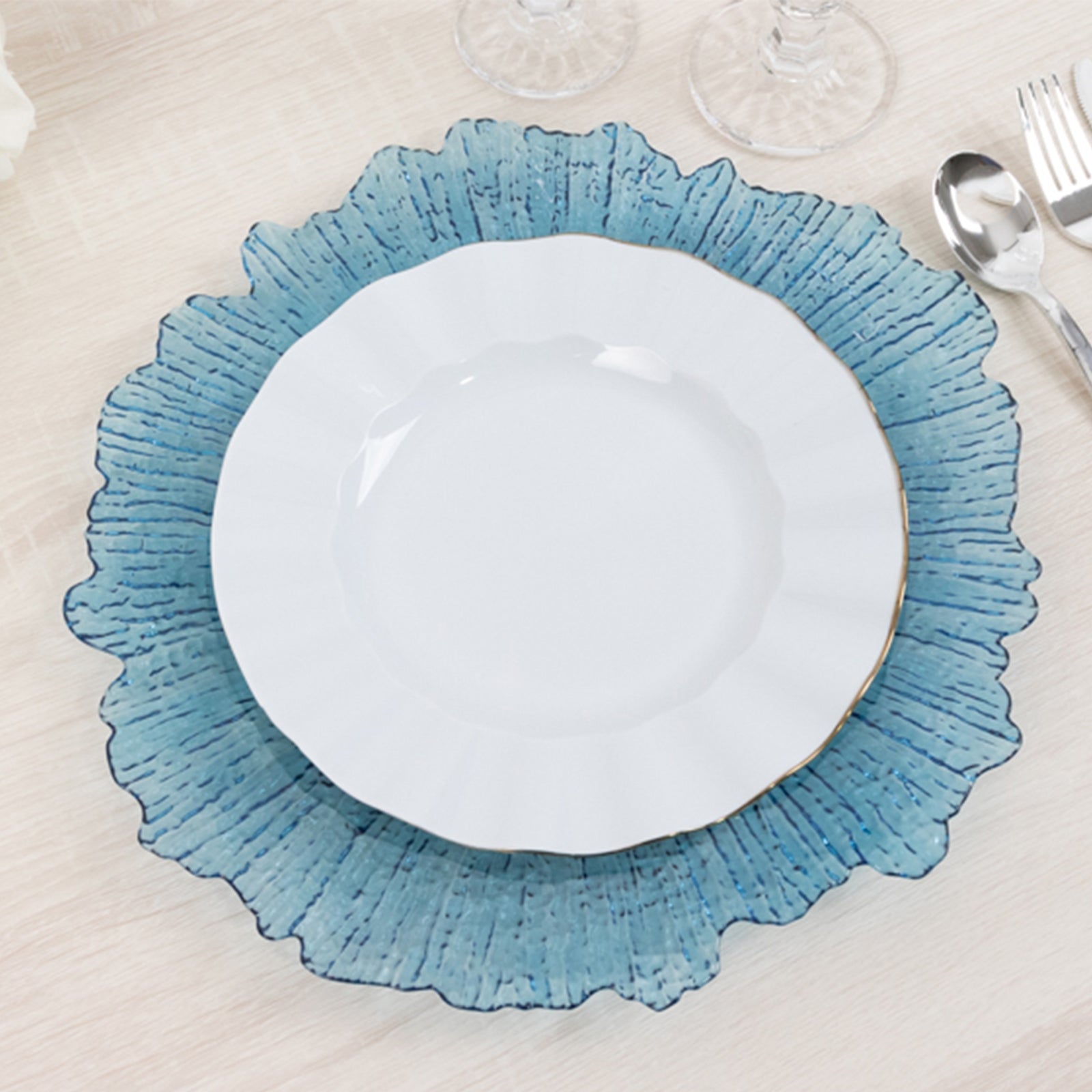 6-Pack Acrylic Plastic Round Charger Plates 13 in Transparent Dusty Blue with Reef Design, Dinner Charger Tableware