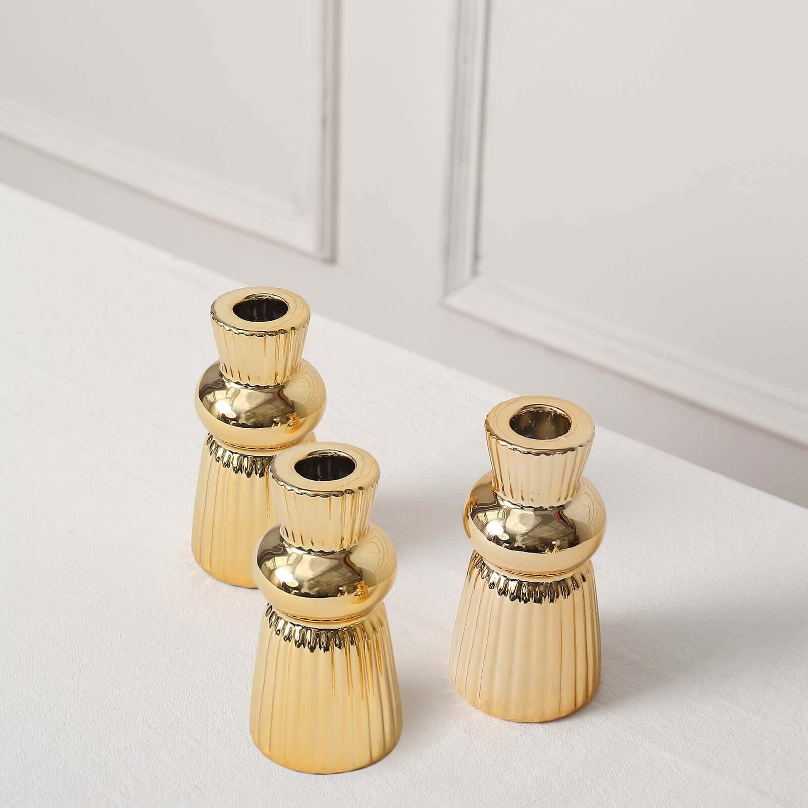 3-Pack Ceramic Taper Candle Holders Fluted Ball Neck Design Metallic Gold - Ribbed Candlestick Stands 5