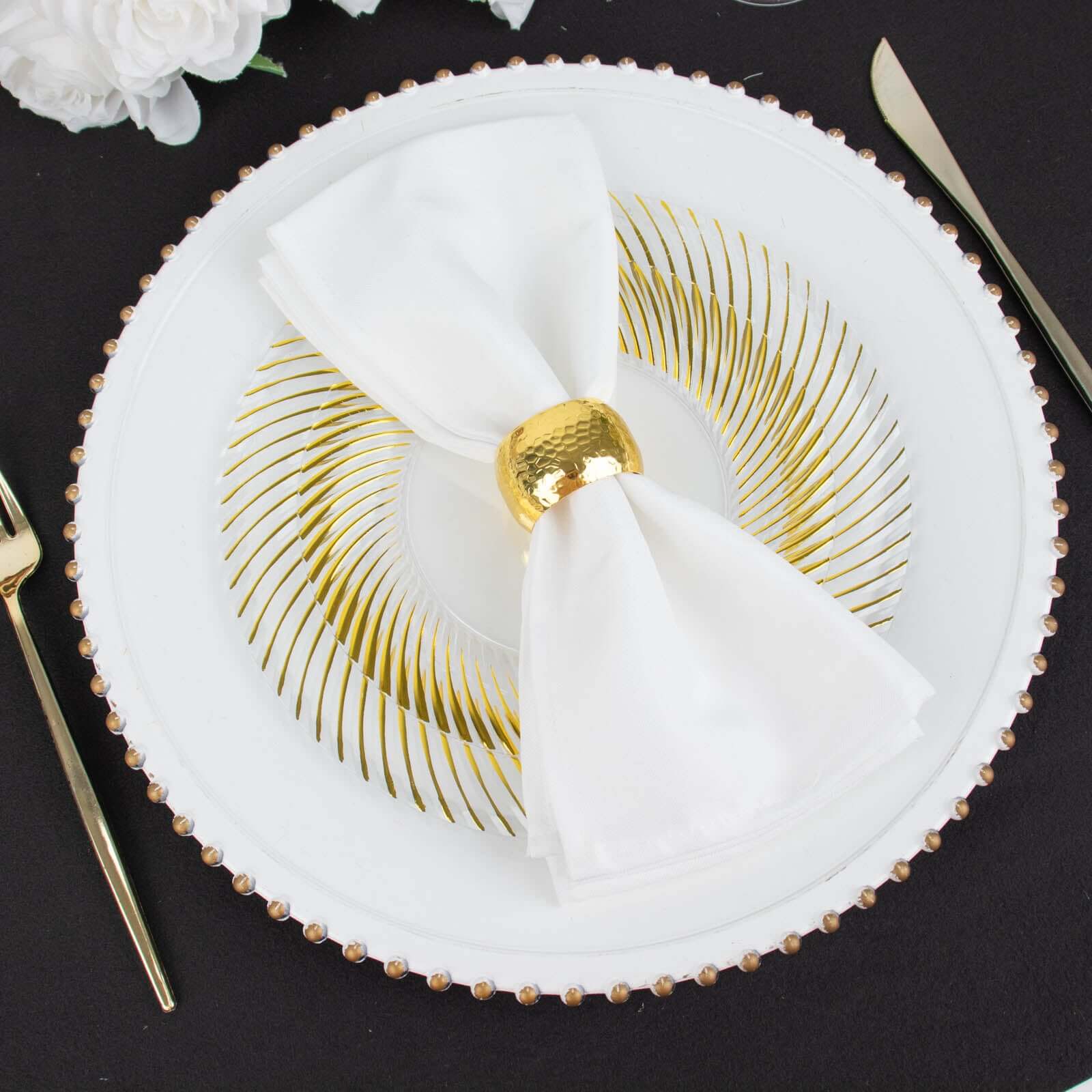 10-Pack Plastic 9 Round Dinner Plates White with Gold Swirl Rim - Disposable Party Plates