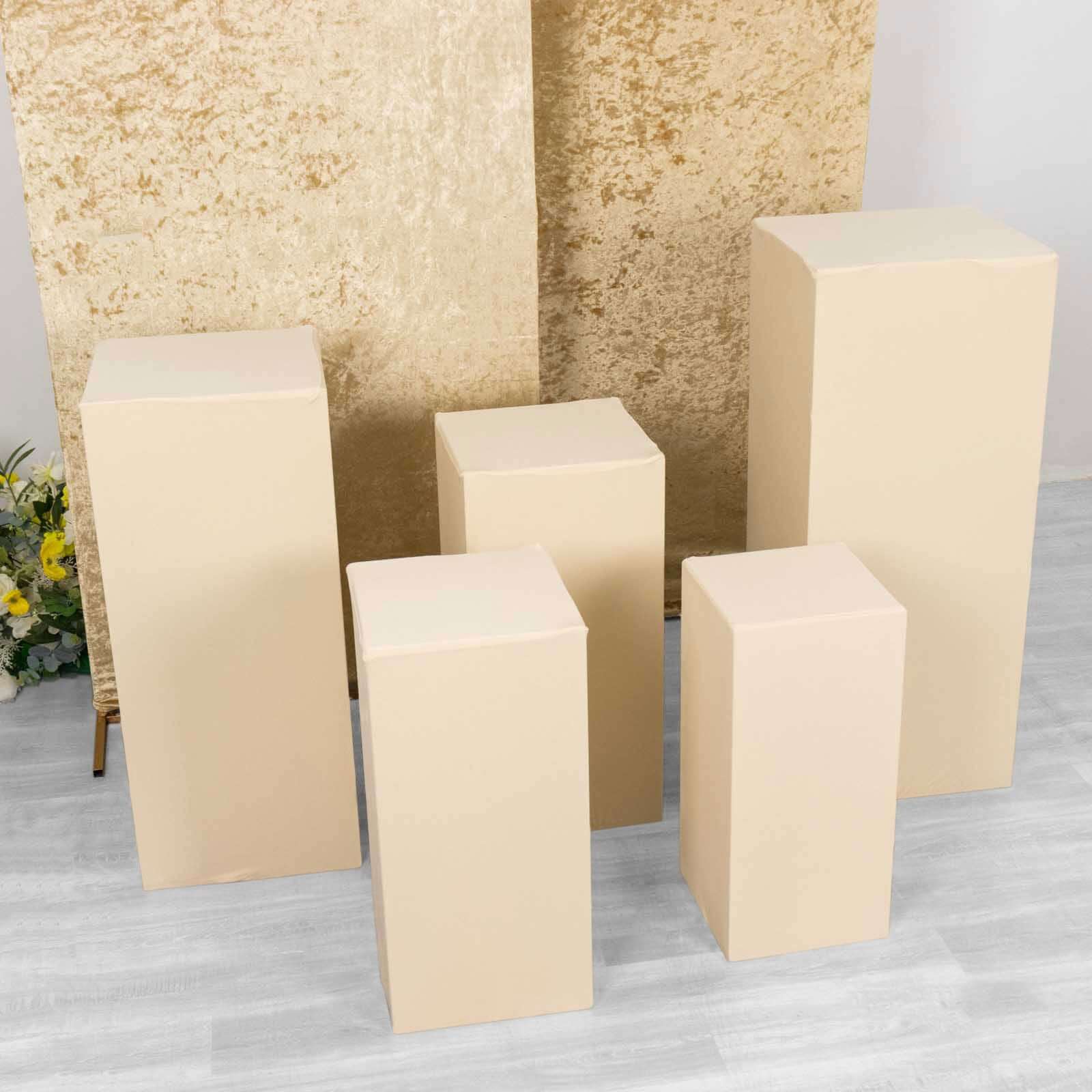 Set of 5 Beige Spandex Rectangle Pedestal Stand Covers, Stretchable Pillar Prop Covers - 160 GSM