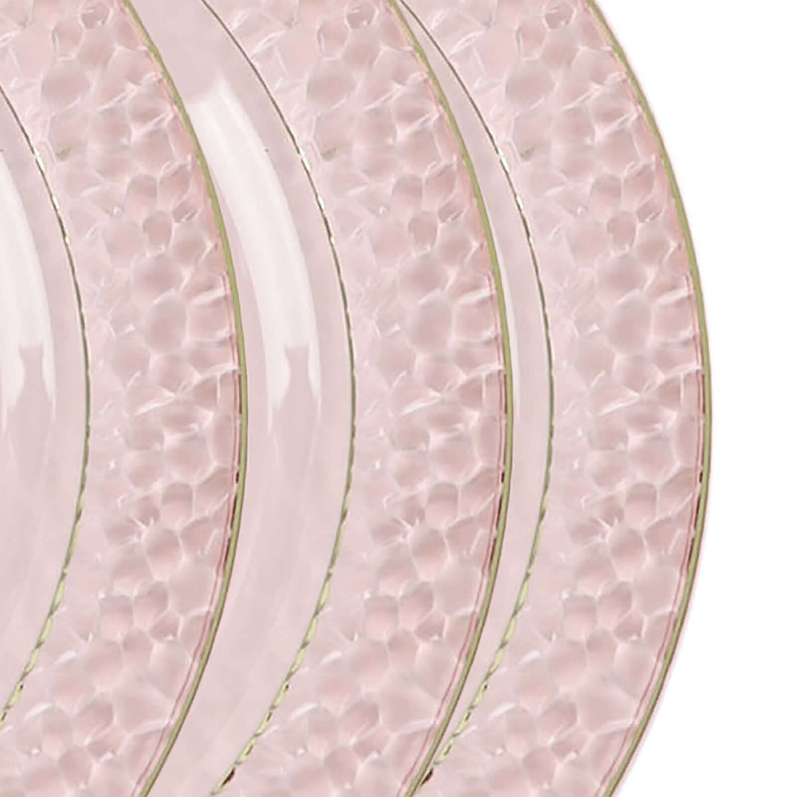 10-Pack Plastic 10 Round Dinner Plates in Blush Hammered Design with Gold Rim - Disposable Party Plates for Chic Banquets & Special Occasions