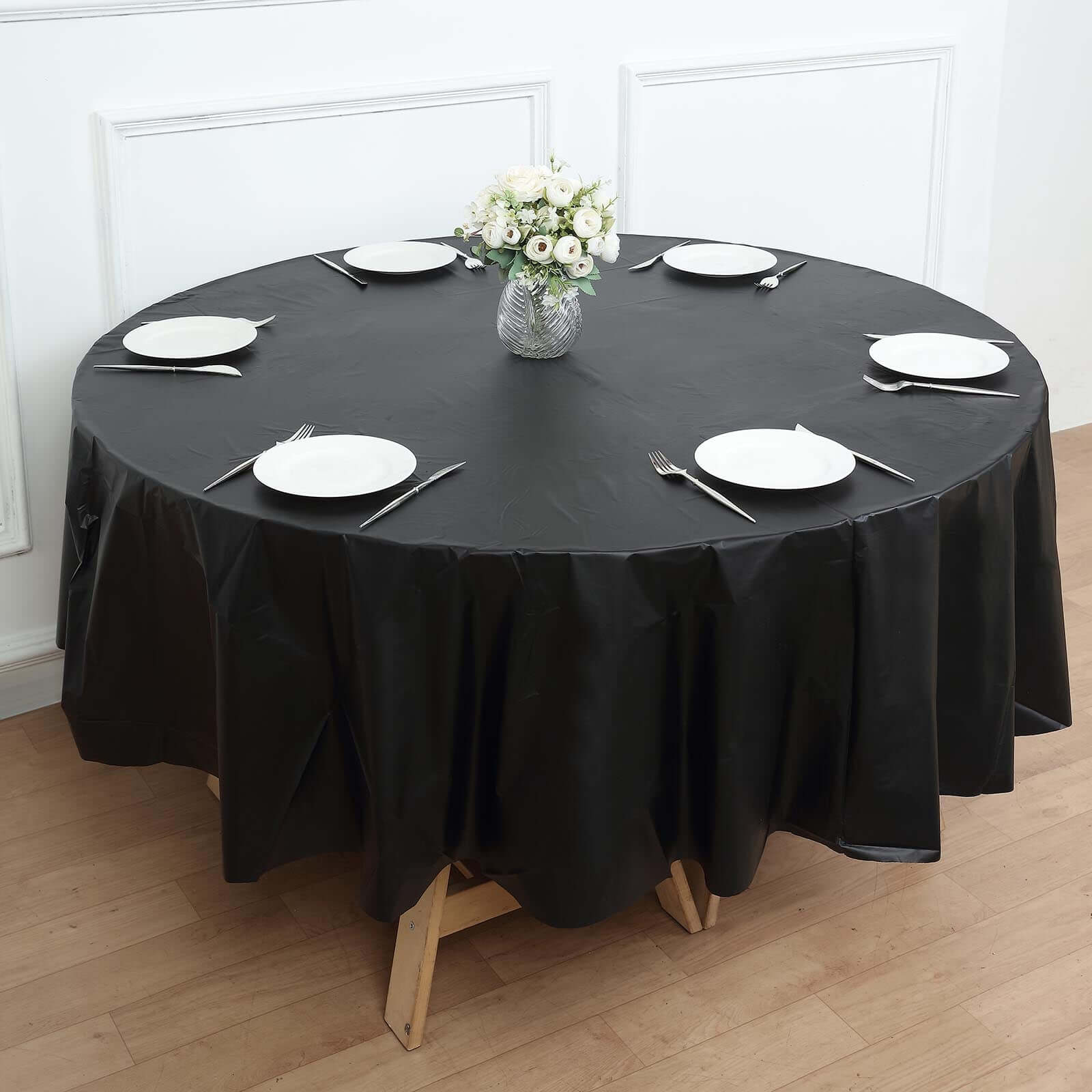 5-Pack Plastic Table Covers Black Round - Durable PVC Disposable Tablecloths for Events 84