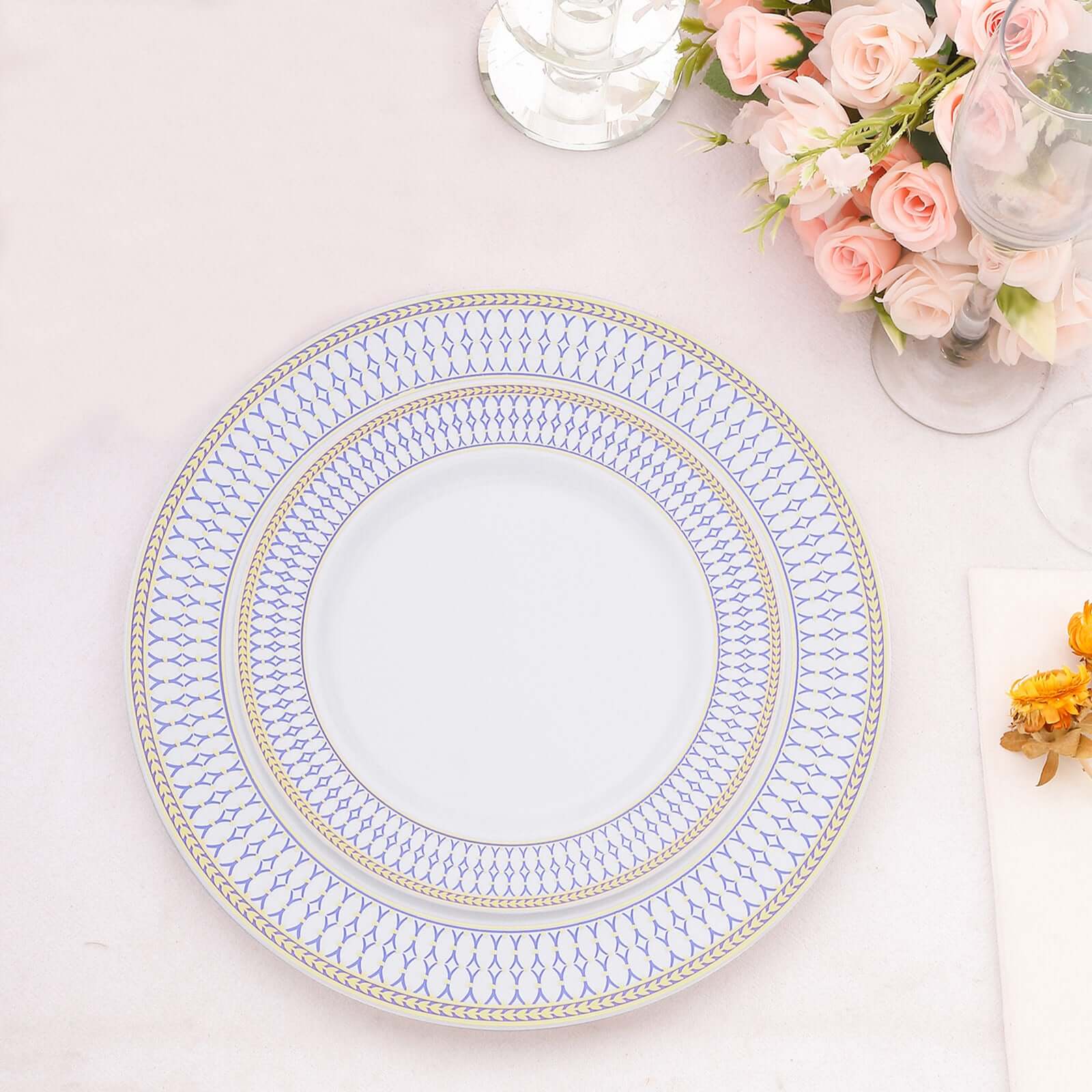 10-Pack Plastic 7 Round Dessert Plates in White with Gold Navy Blue Chord Rim - Renaissance Style Disposable Salad Appetizer Plates for Events & Banquets