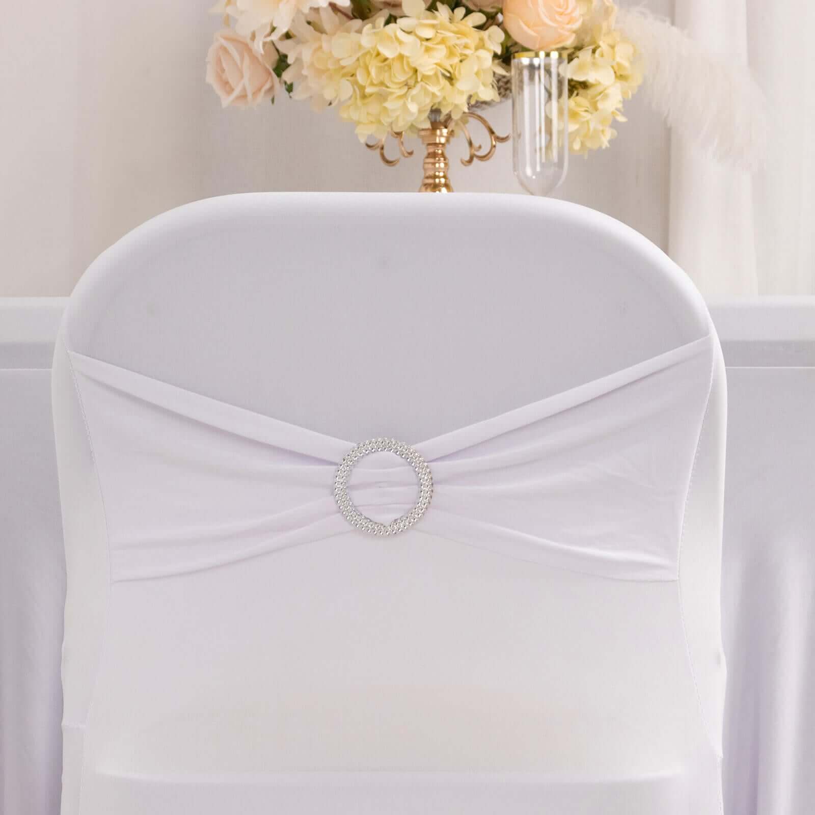 Stretch Spandex Chair Cover White for Folding Chairs - Enhanced Style & Secure Fit Slipcover with Stunning Silver Rhinestone Buckled Sash Band