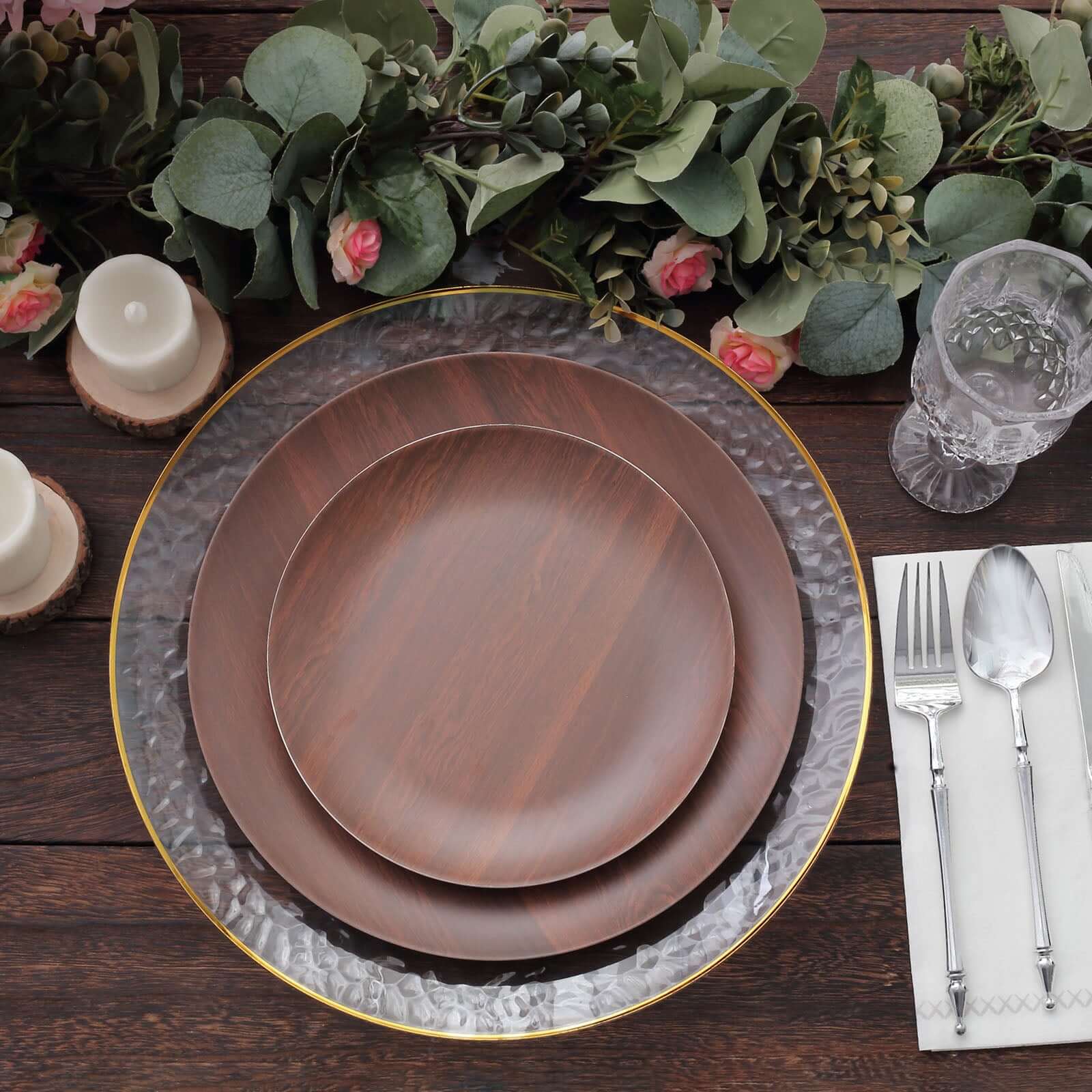 Pack of 6 Melamine 8 Round Dessert Plates in Brown Wood Grain Print - Disposable Shatterproof Appetizer Salad Plates for Rustic Farmhouse-Inspired Table Decor