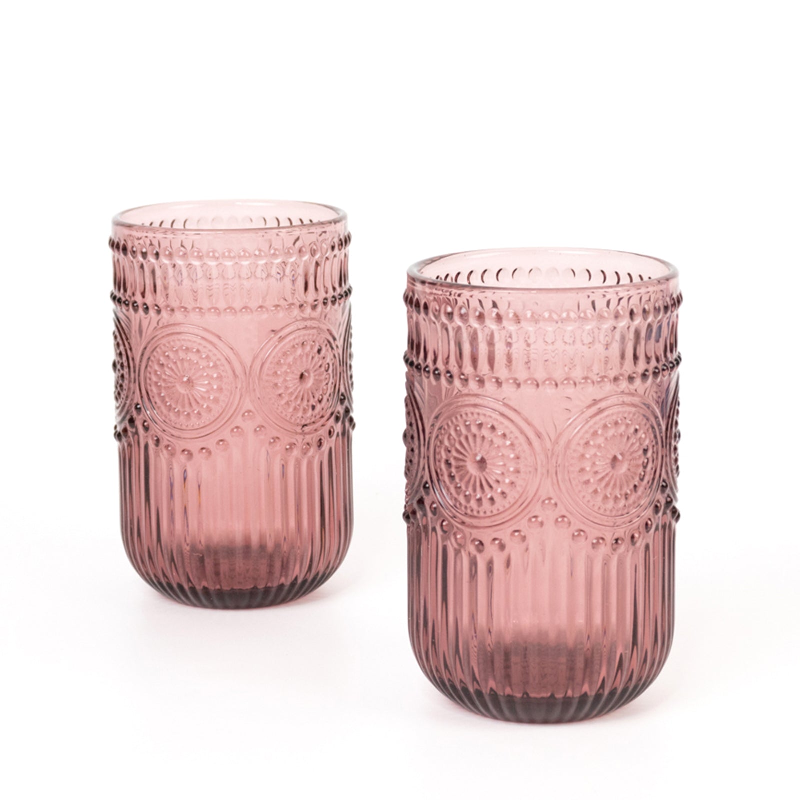 6-Pack Glass Tumblers Dusty Rose Vintage Embossed Design with Textured Floral Pattern - Highball Glasses for Drinks & Parties 14oz