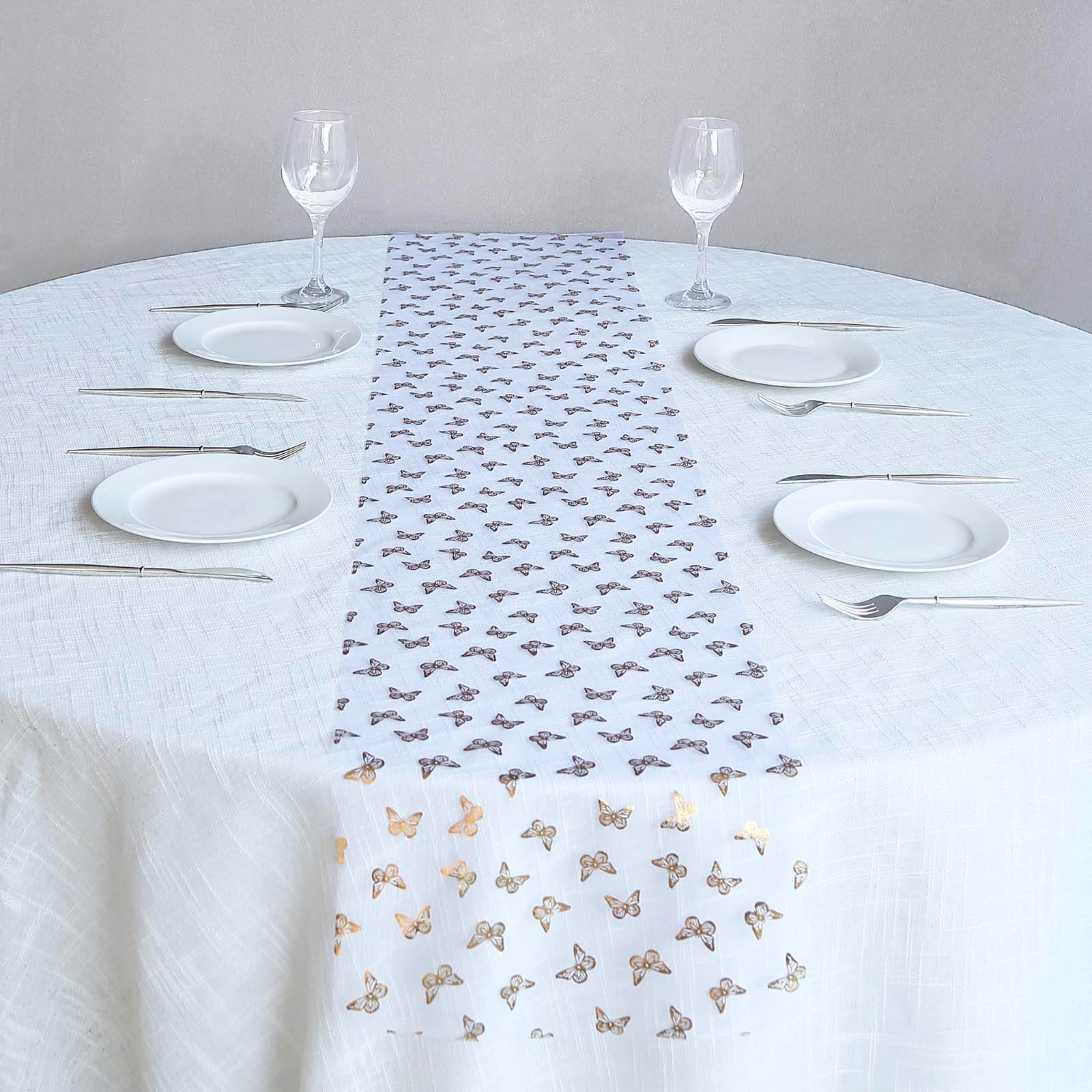 5 Pack Sheer Organza 11x108 Table Runner Rolls White Disposable with Metallic Gold Foil Butterflies Motifs