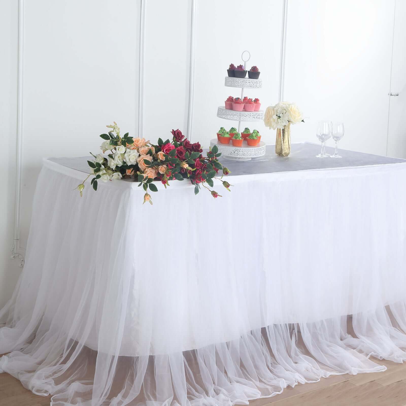 Extra Long Tulle 14ft Table Skirt White with Satin Edge - Table Cover for Baby Showers & Events