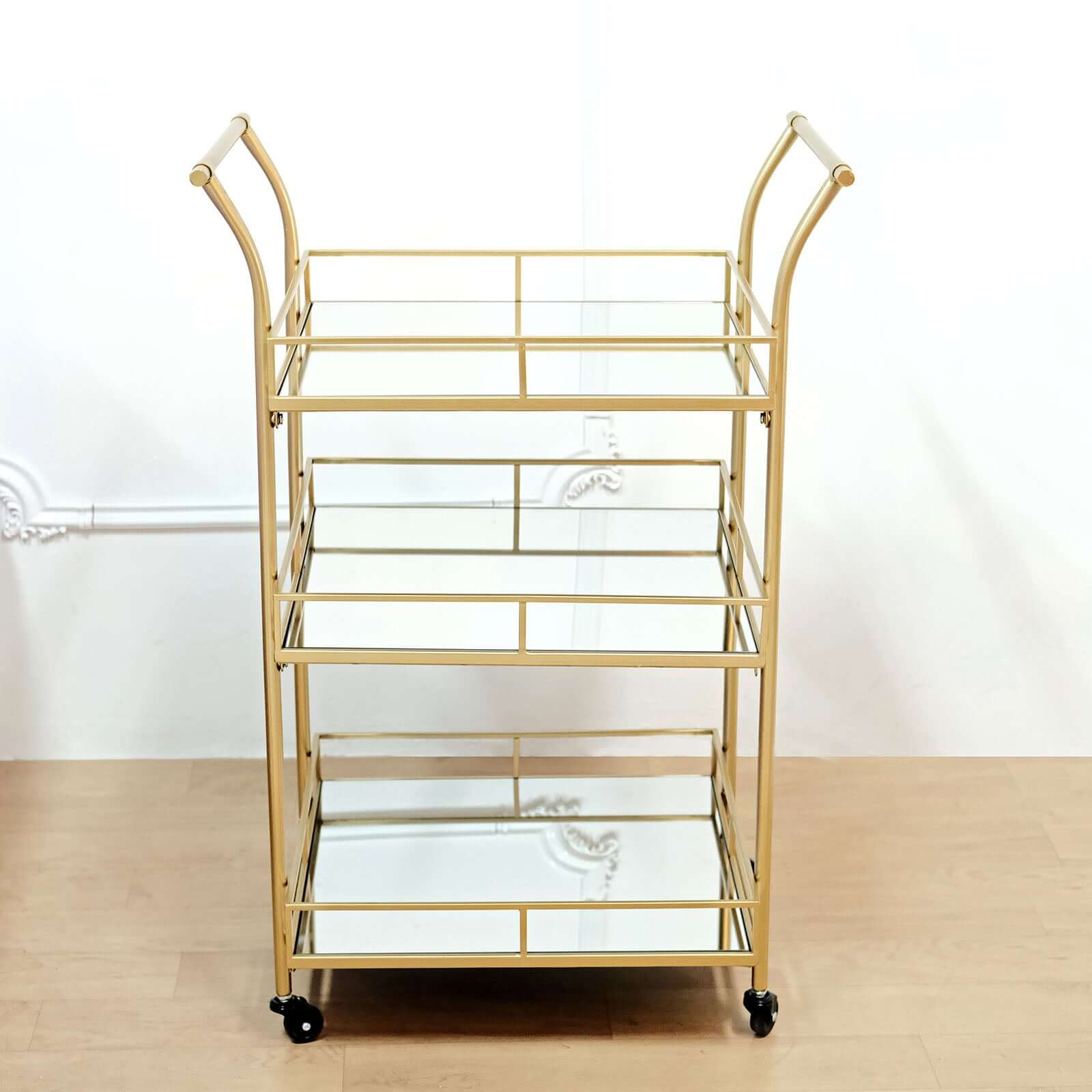 Gold Metal Bar Cart with Mirror Serving Trays 3-Tier - Teacart Island Trolley for Parties 3ft