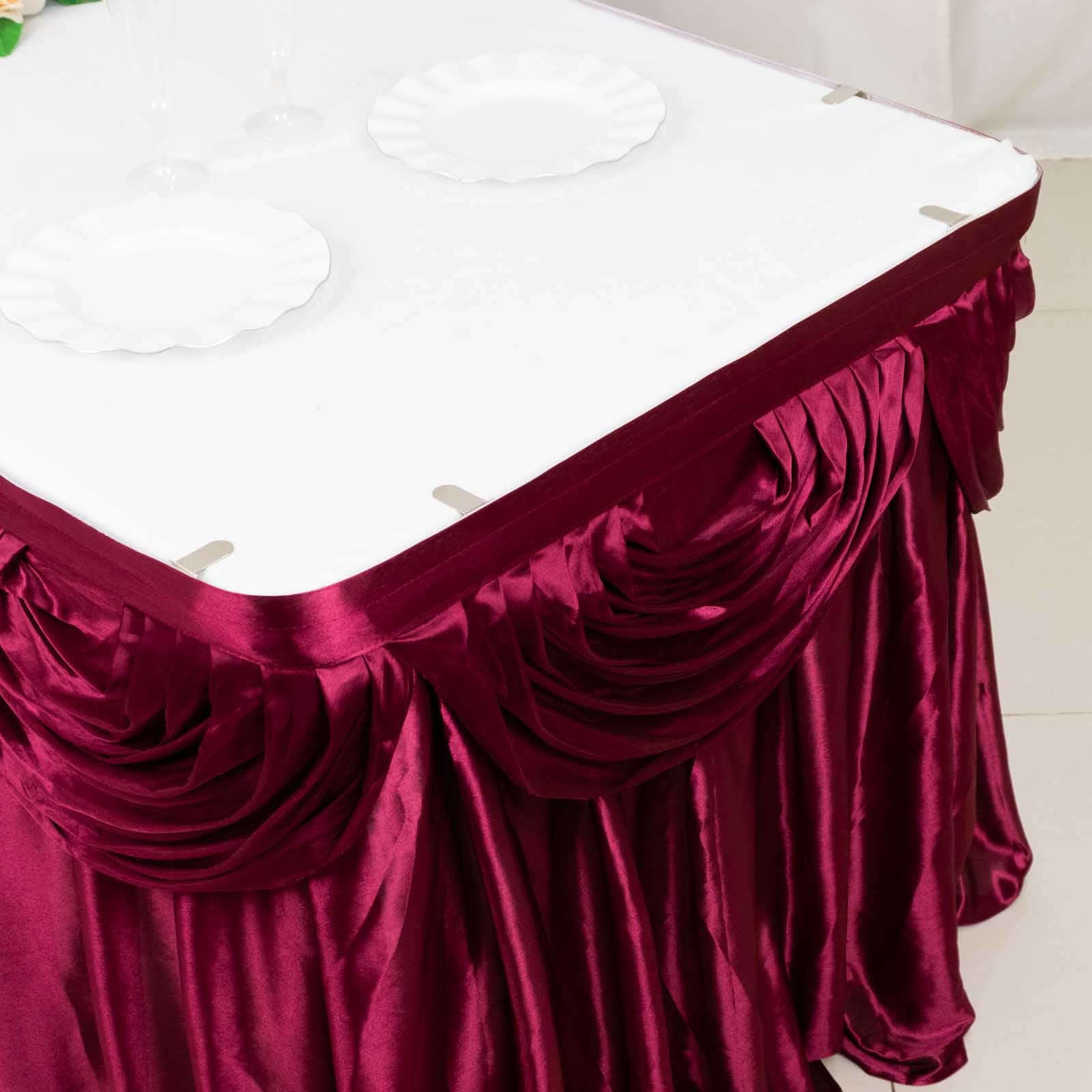 Satin 14ft Table Skirt Burgundy - Pleated Double Drape Table Cover