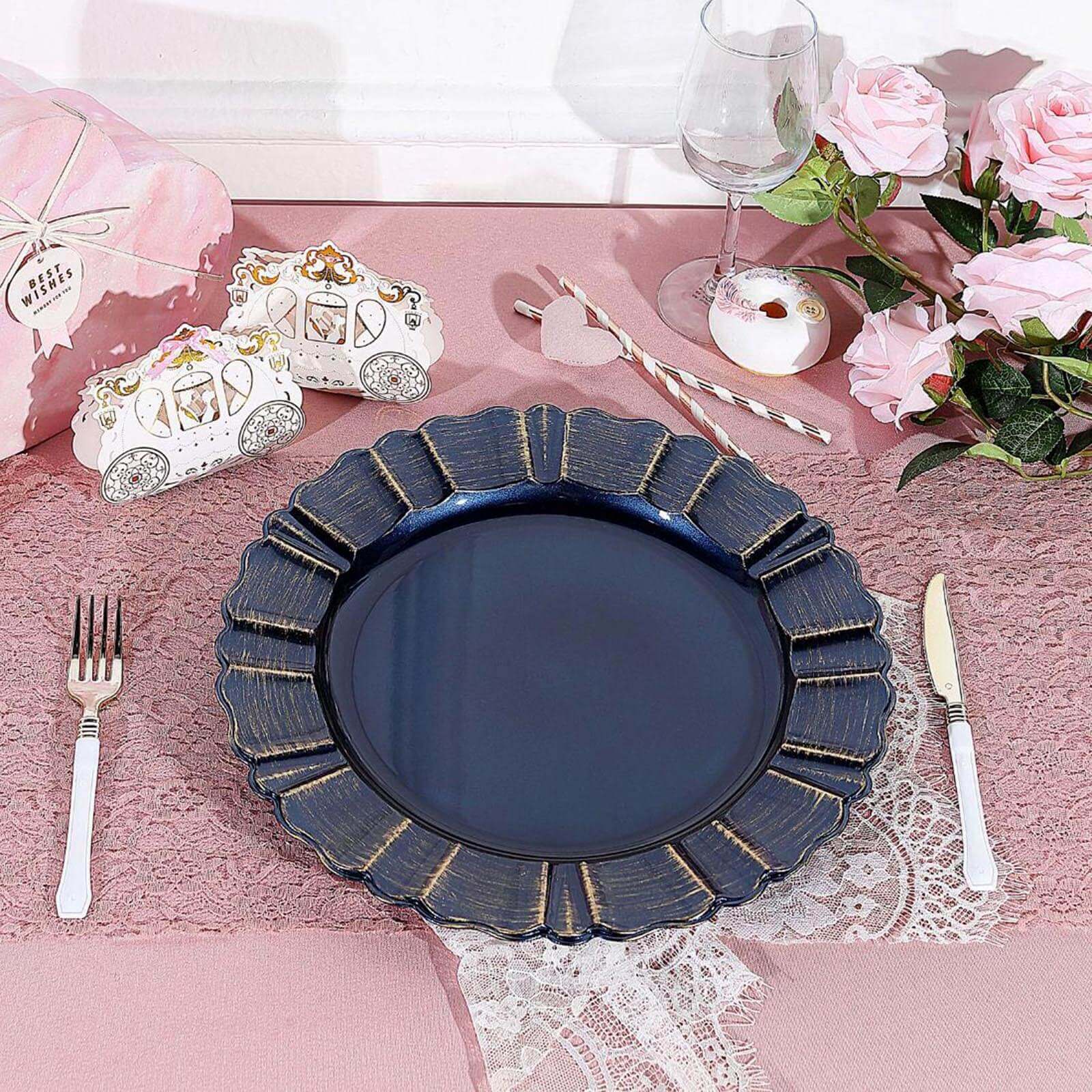 6-Pack Acrylic Plastic Round Charger Plates 13 in Navy Blue with Gold Brushed Wavy Scalloped Rim, Decorative Dinner Party Charger Tableware