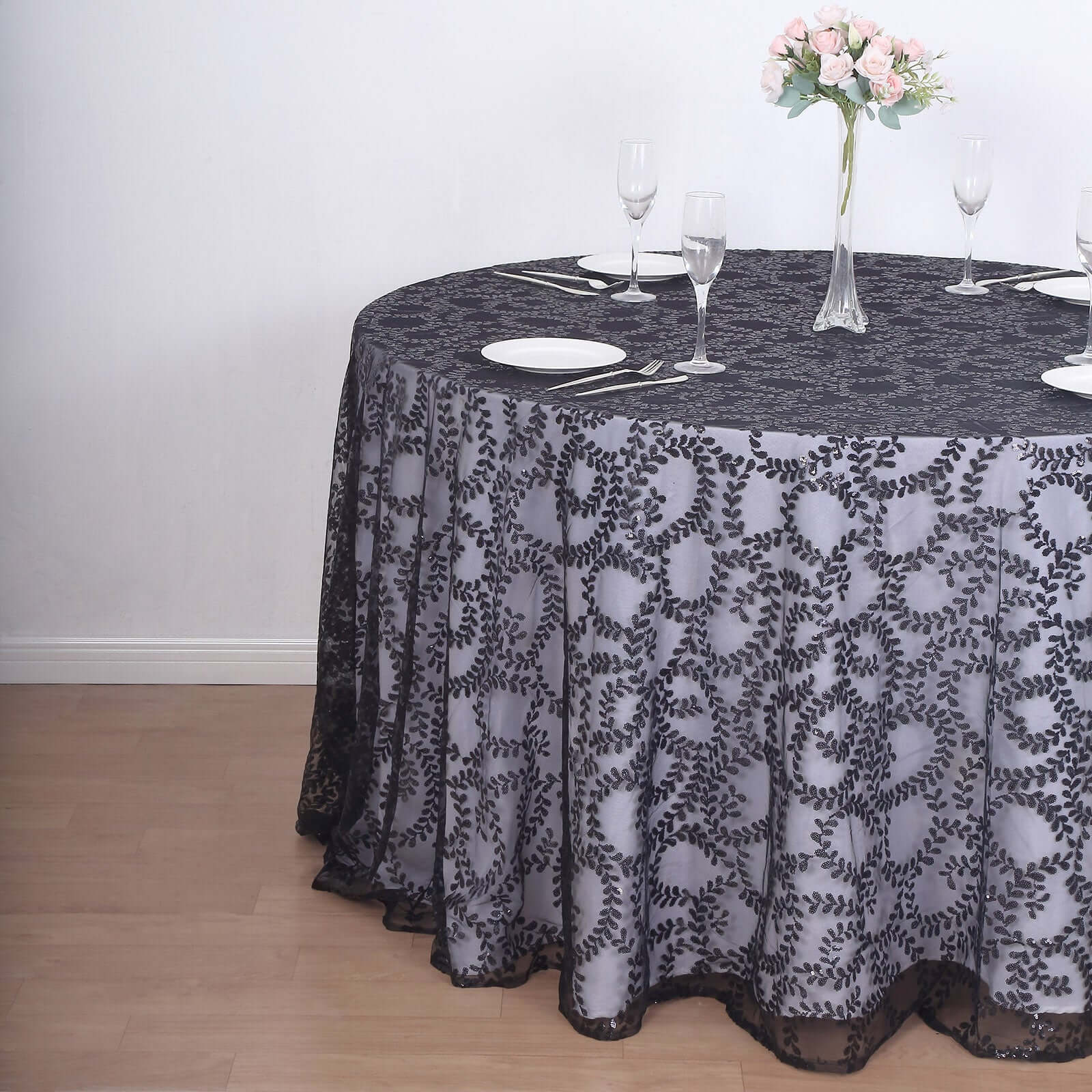 Tulle 120 Round Tablecloth Black - Seamless Sequin Leaf Embroidered Table Cover