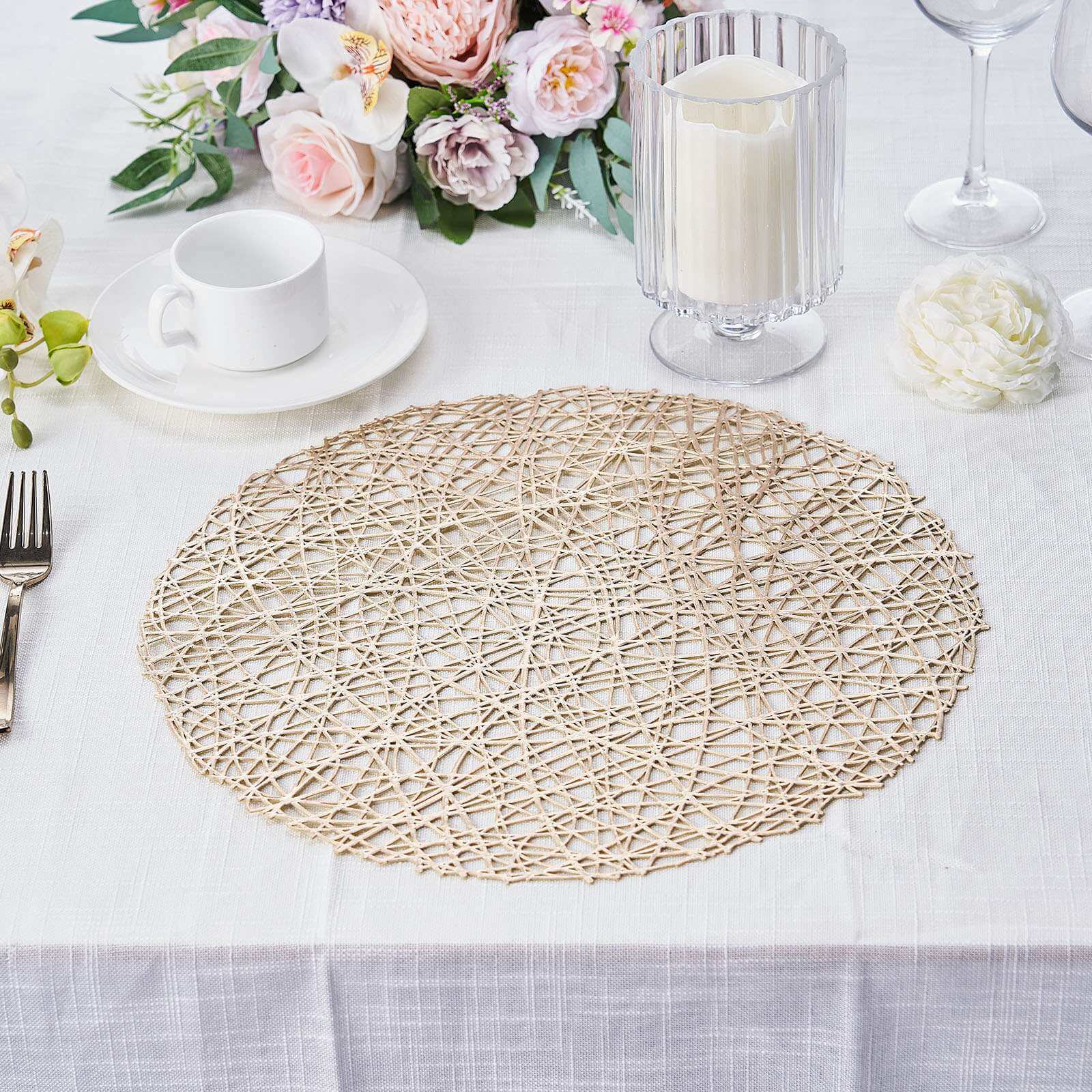 6-Pack Vinyl Placemats Champagne Woven Design - Durable Non-Slip Round Table Mats for Dining 15