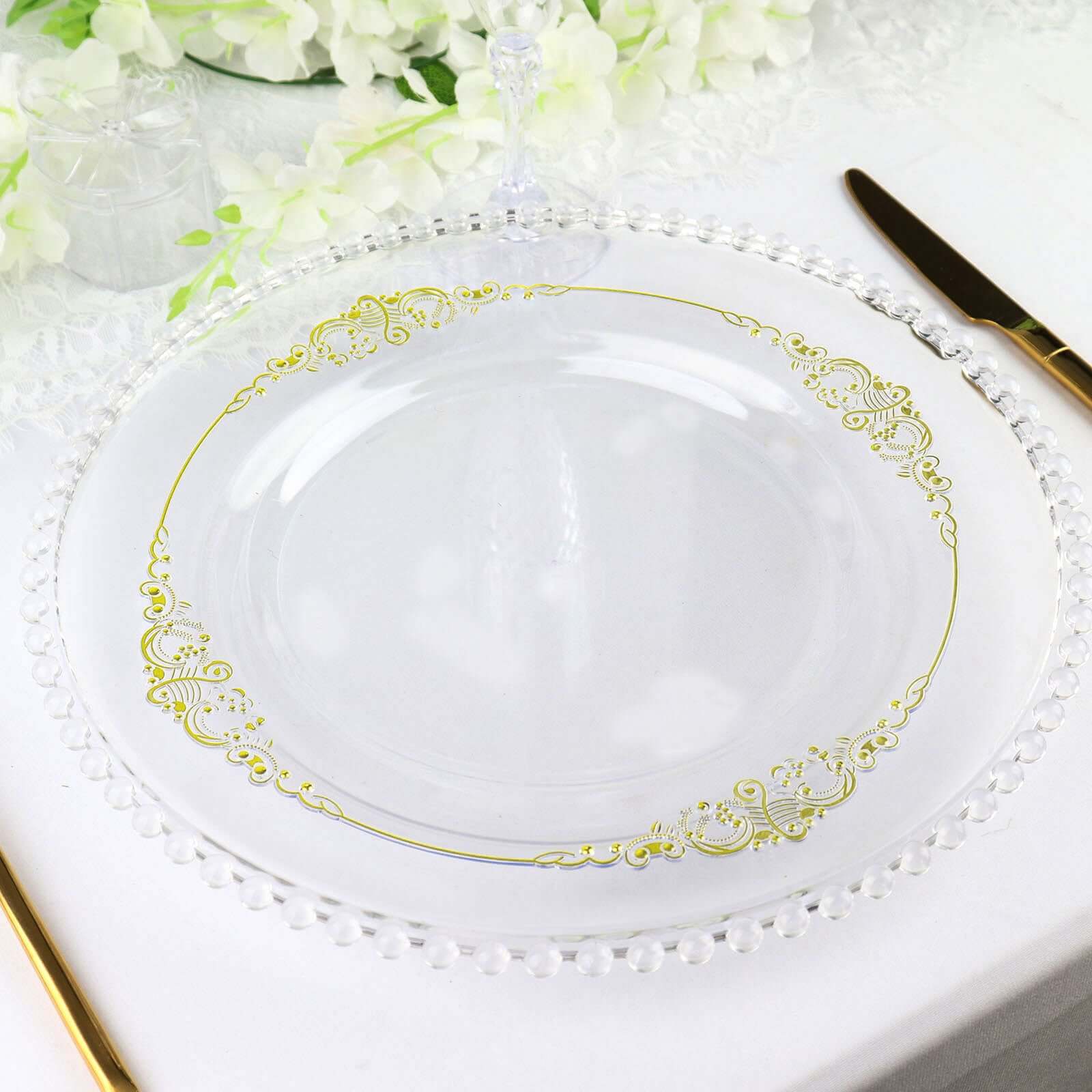 10-Pack Plastic 10 Round Dinner Plates in Clear with Gold Leaf Embossed Rim - Disposable Vintage Baroque Style Plates
