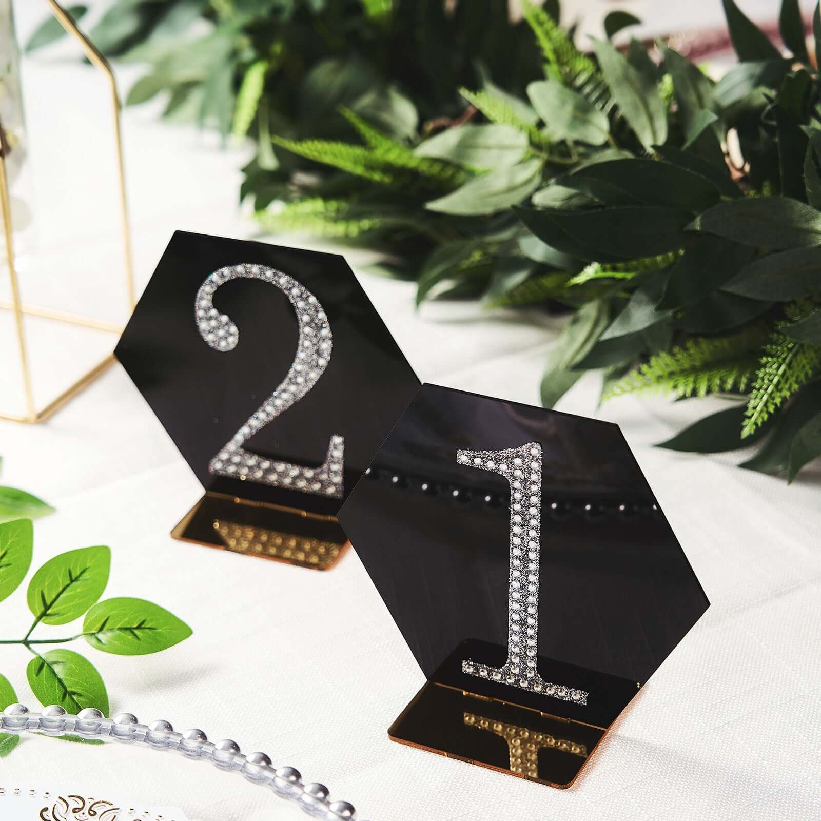 5-Pack Acrylic Table Sign Holders Hexagon Design Black/Gold - Ideal for Modern Event Centerpieces 5