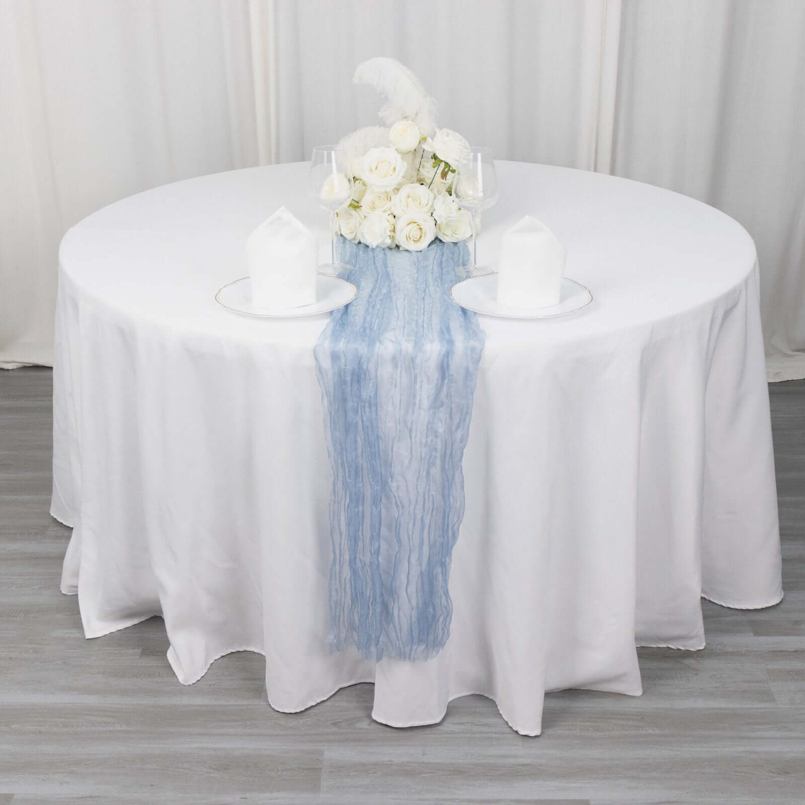 Sheer Crinkled Organza 9ft Table Runner Dusty Blue - Rustic Chiffon Look