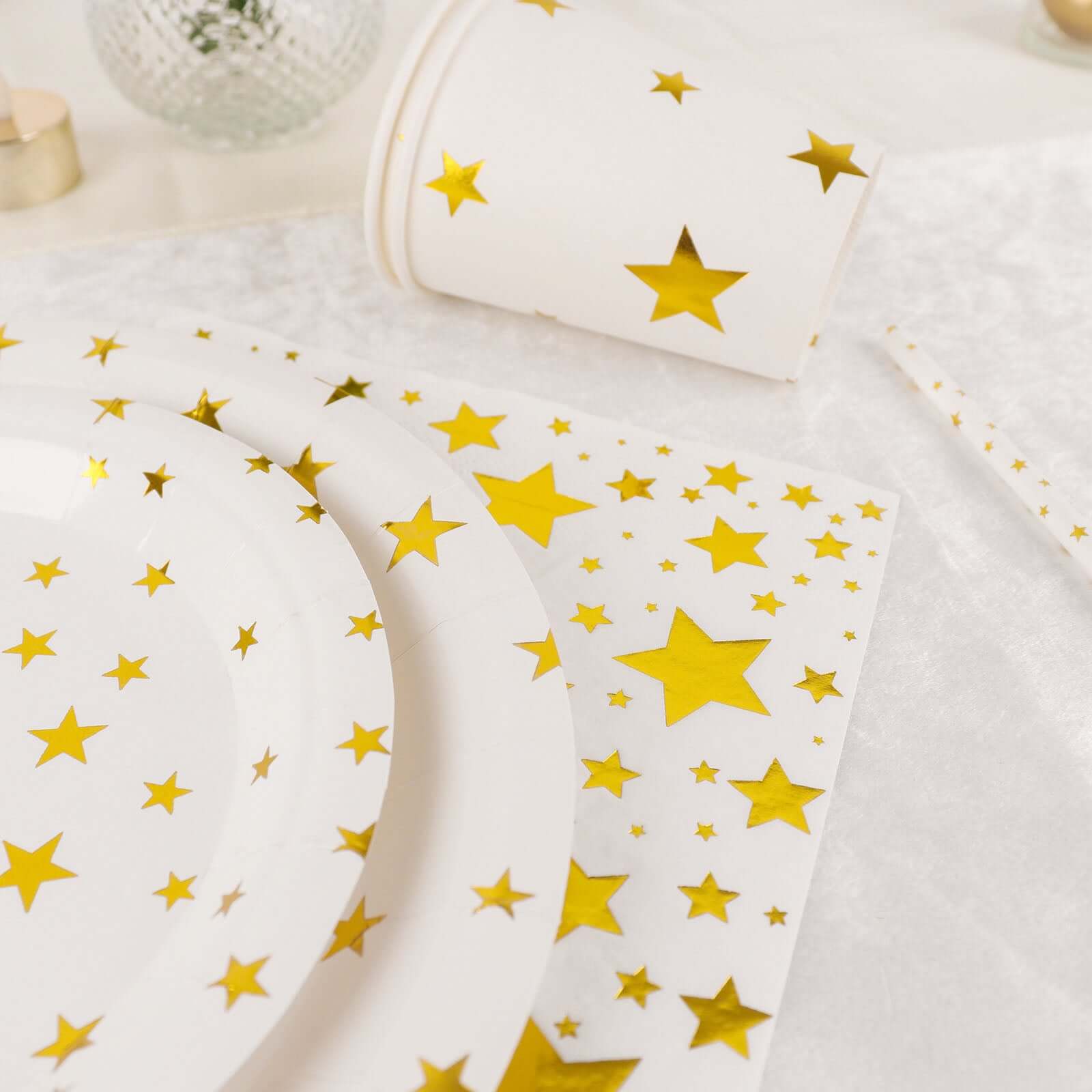 120 Pcs Paper Dinnerware Set White with Gold Stars Design - Disposable Tableware Combo-Pack with Plates, Cups, and Napkins