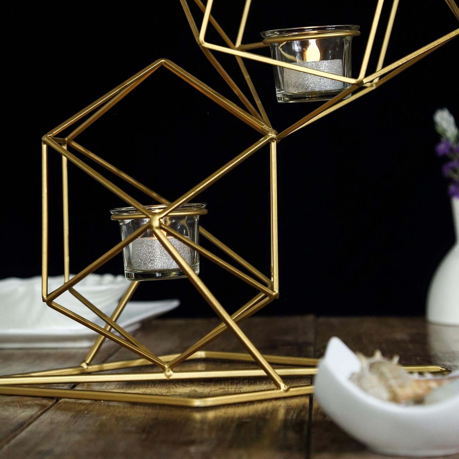 Tealight Candle Holder Metal Linked Geometric Design Gold with Votive Glass Holders - Sophisticated Decor for Tables & Gatherings 25