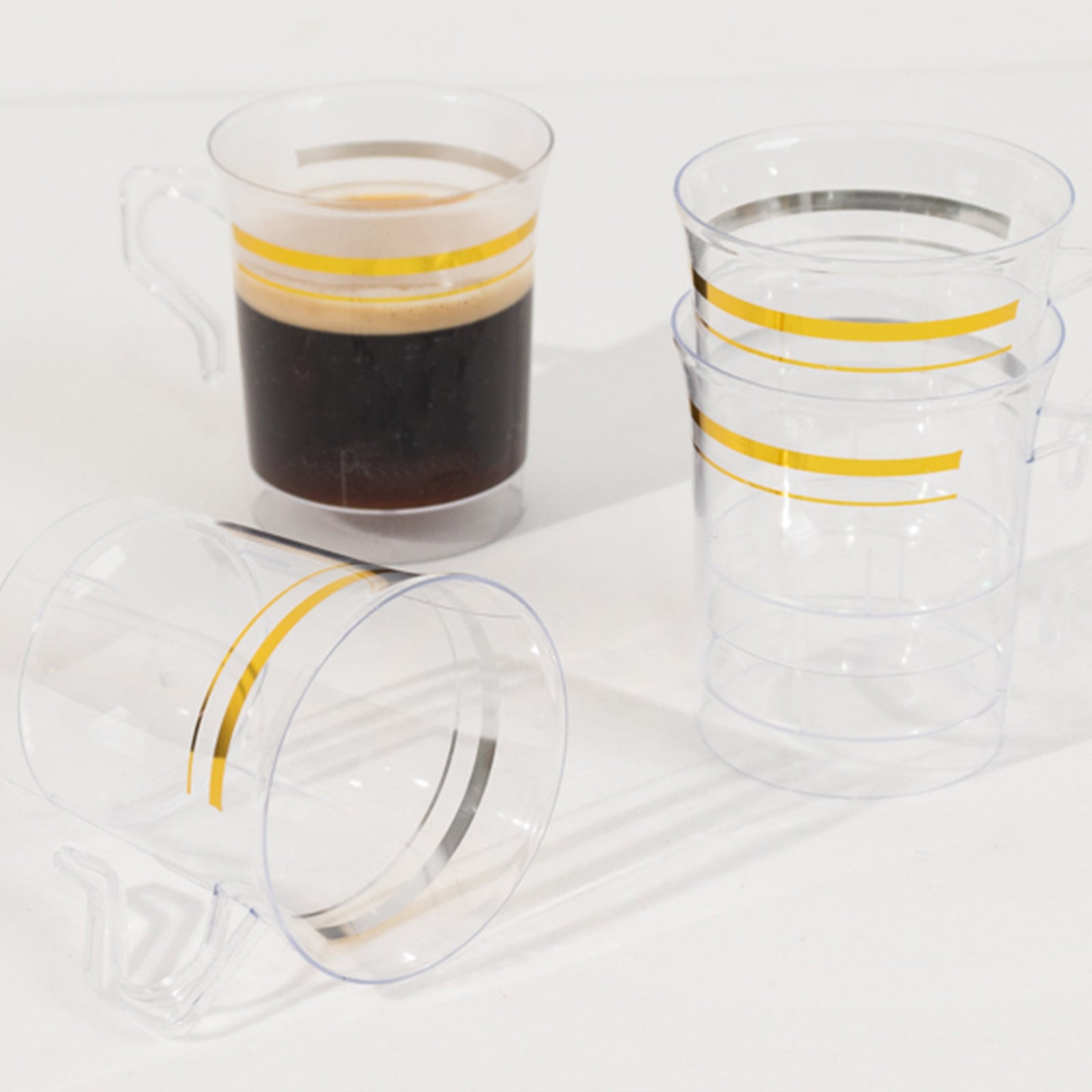 8-Pack Plastic Coffee Mugs Clear with Gold Stripes - Sturdy Disposable Cups for Coffee and Tea 8oz 3.5