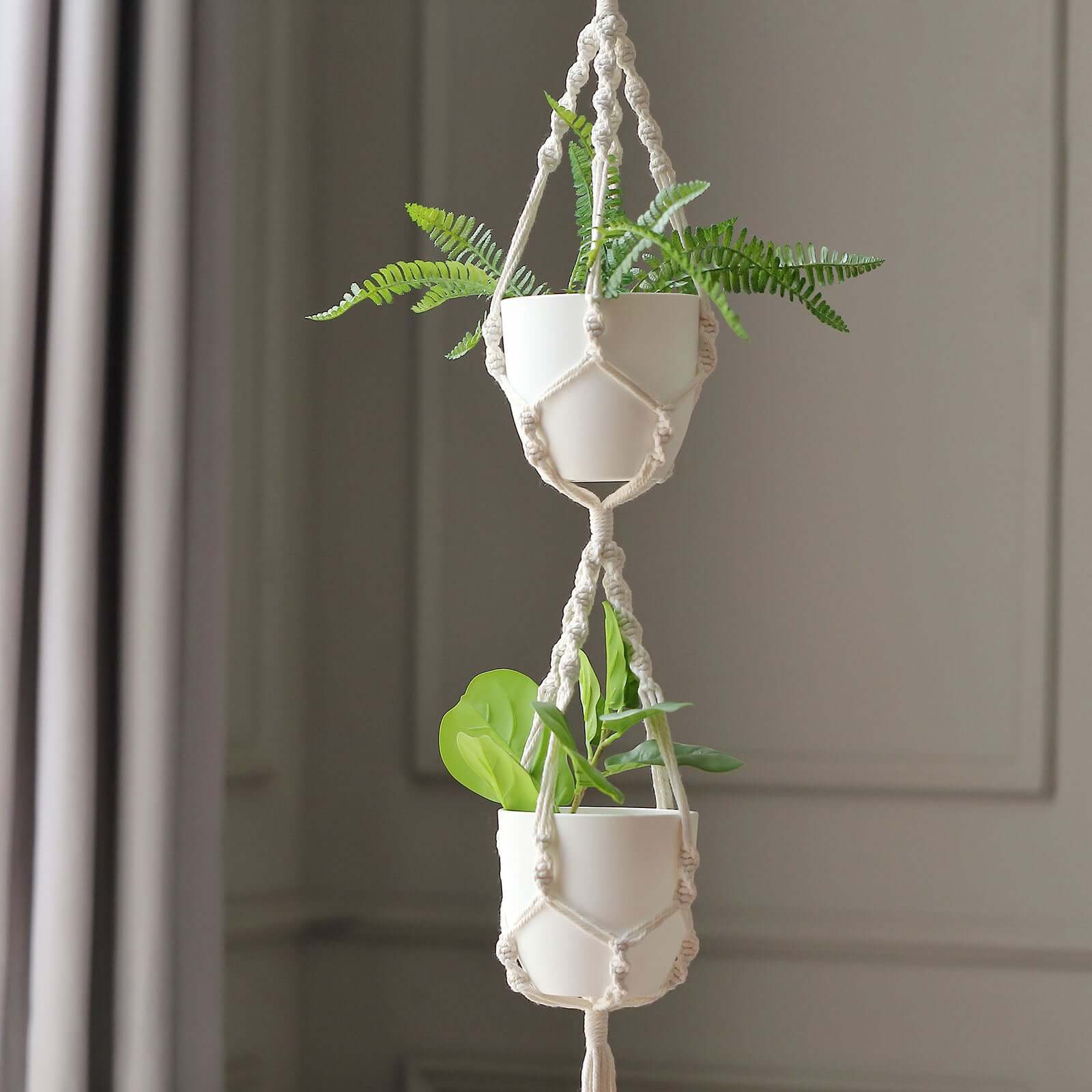 2-Tier Hanging Planter Basket with Tassels Ivory Double Boho Design - Cotton Rope Indoor Decorative Holders