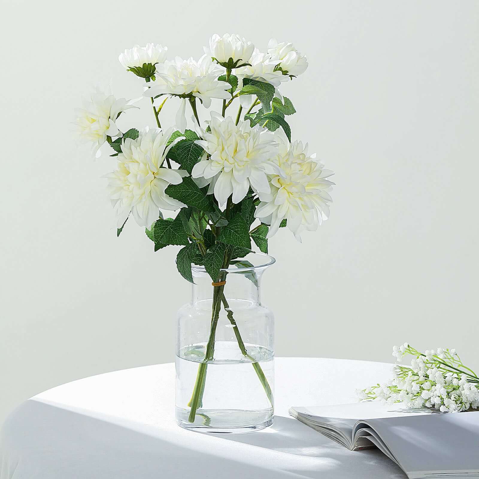 30 Tall Ivory Artificial Dahlia Silk Flower Stems, Faux Floral Spray