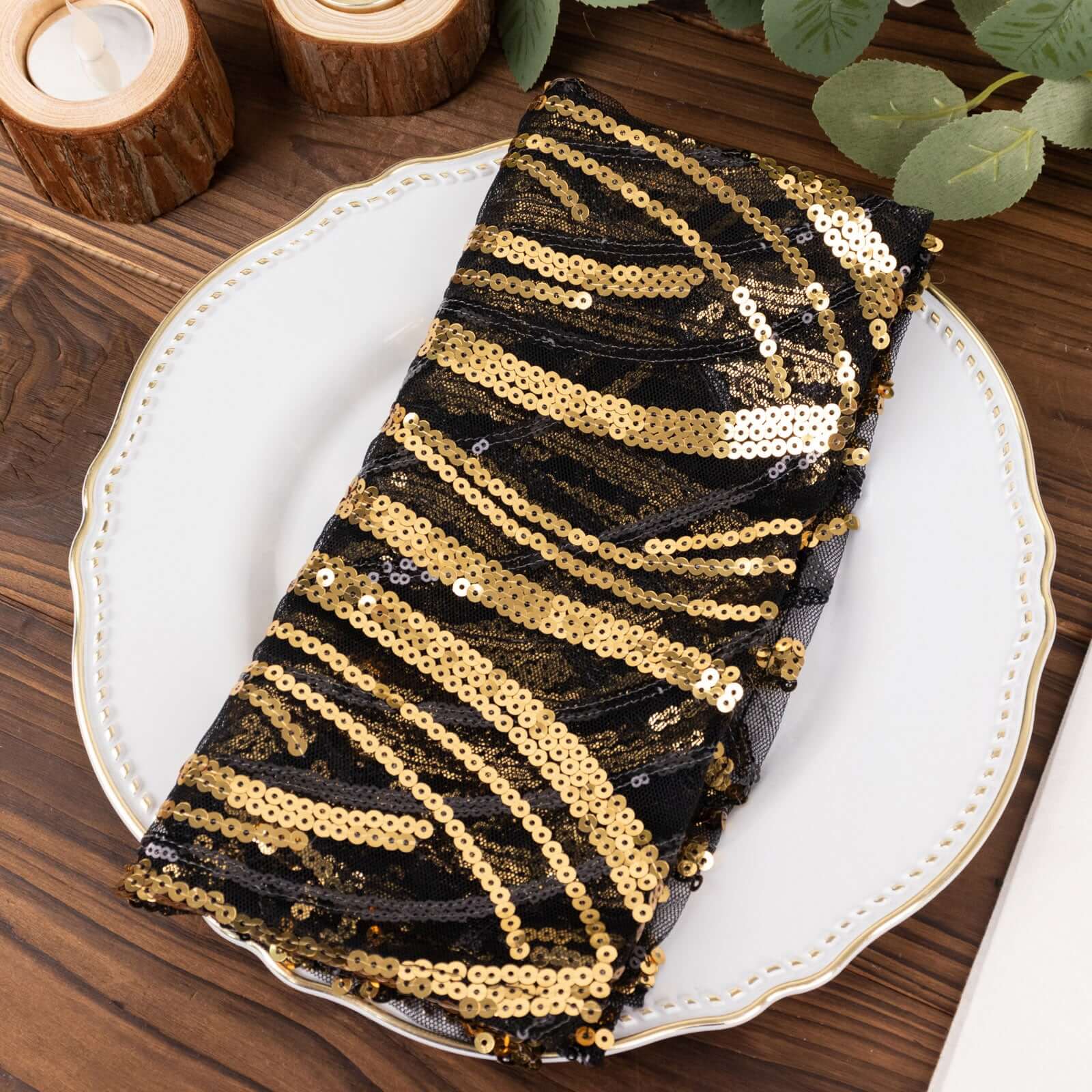 Sequin Mesh 20x20 Napkin Black Gold - Wave Embroidered Reusable Napkin