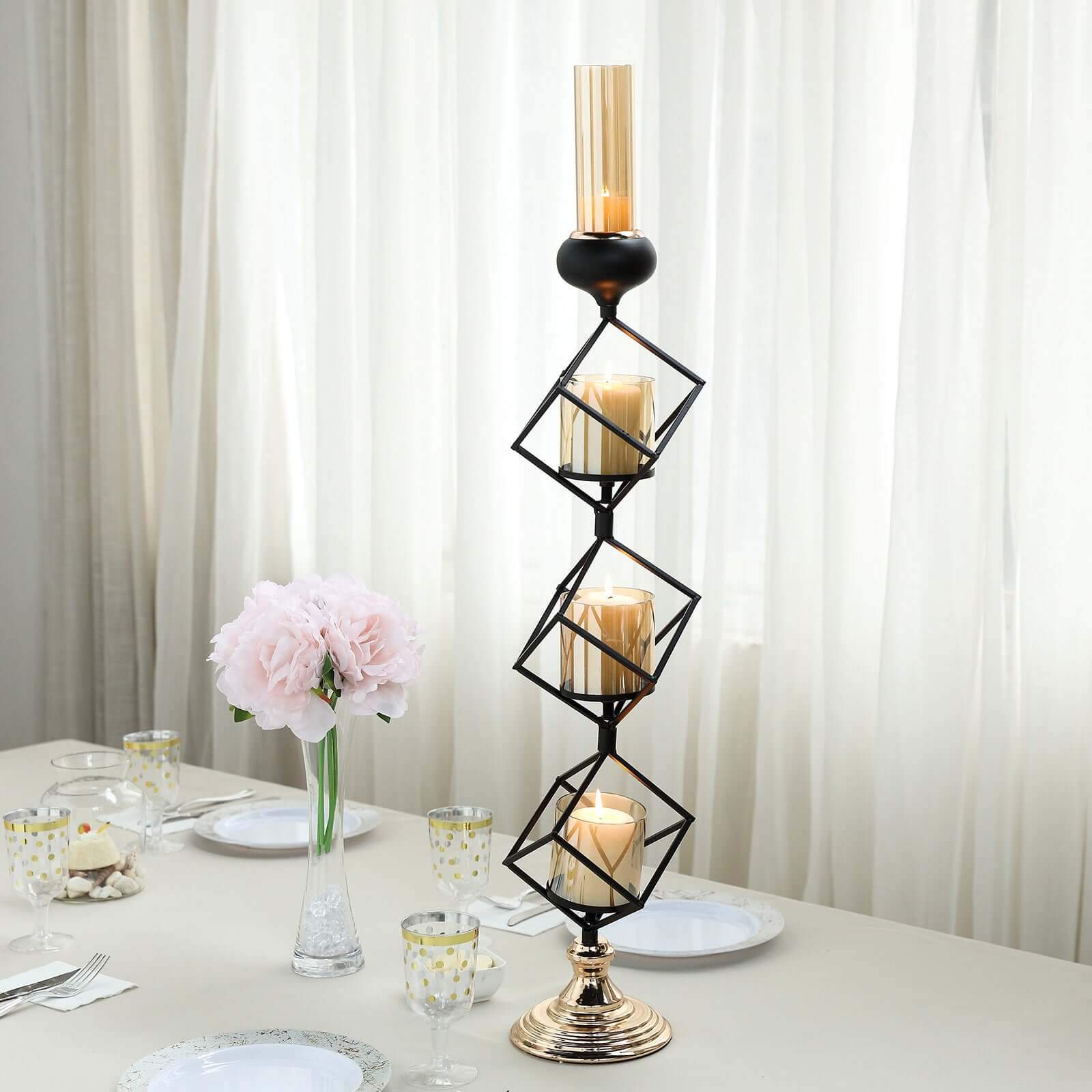 3-Tier Candle Holder Black Geometric Design with Amber Glass Votives & Gold Trim - Modern Decor for Weddings 28 Tall