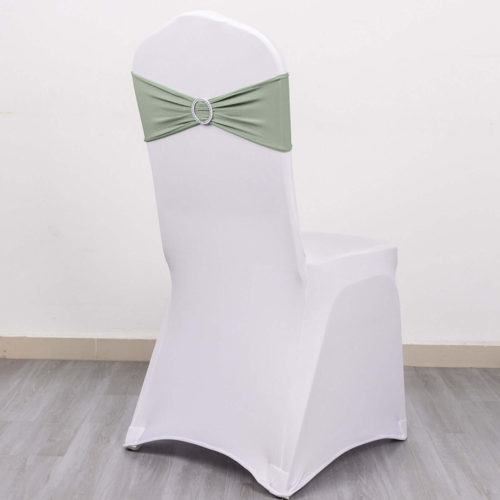 5 Pack Stretch Spandex Chair Sashes Sage Green - Reusable Chair Bands with Silver Diamond Ring Slide Buckle 5x14