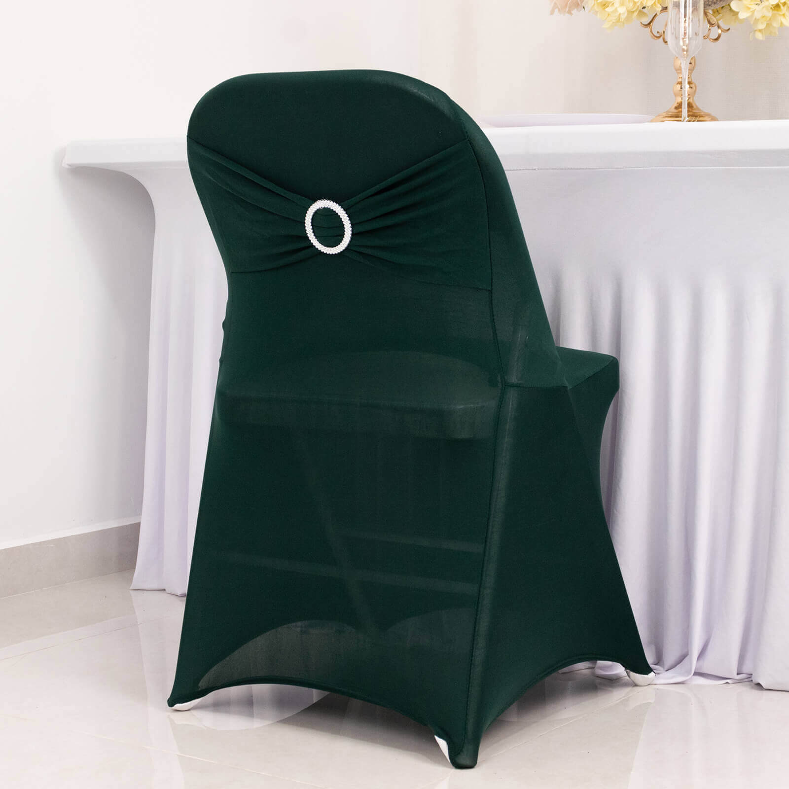 Stretch Spandex Chair Cover Hunter Emerald Green for Folding Chairs - Secure Fit Slipcover with Silver Rhinestone Buckled Sash Band