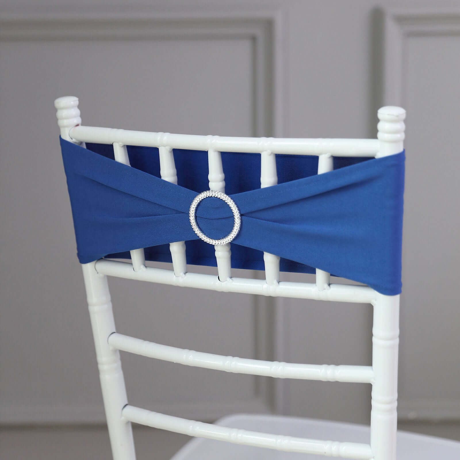 5 Pack Stretch Spandex Chair Sashes Royal Blue - Reusable Chair Bands with Silver Diamond Ring Slide Buckle 5x14