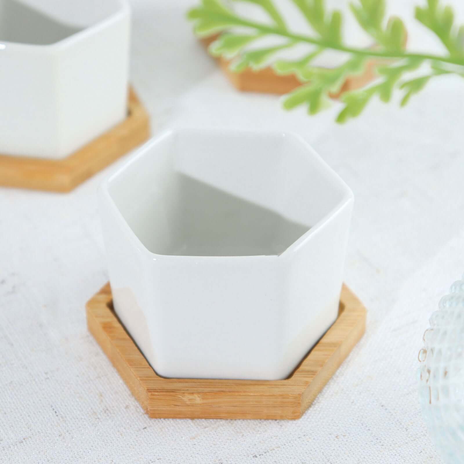 6-Pack Planter Pots Geometric Hexagon Design White - Ceramic Pots with Bamboo Tray and Removable Bottom 3