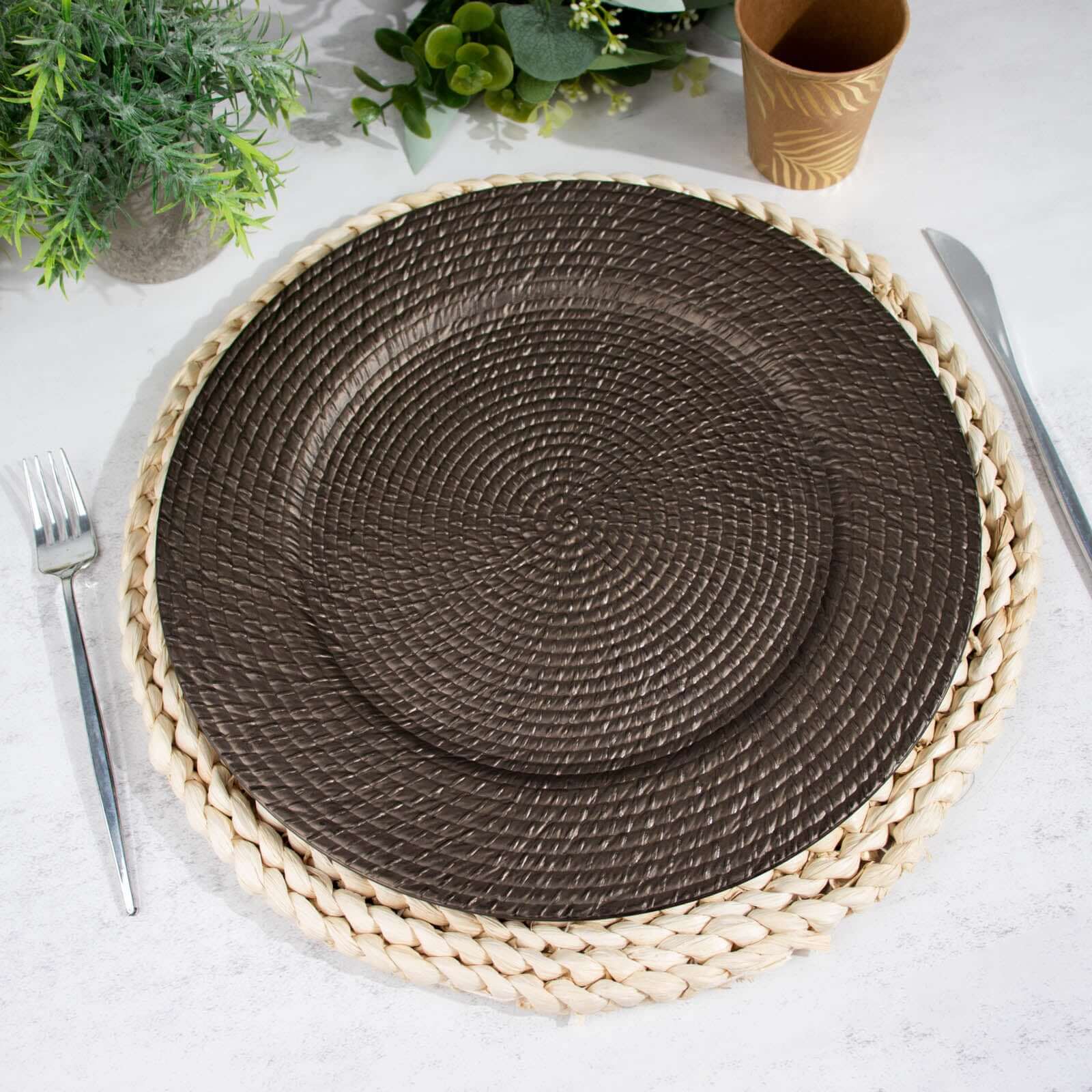 6-Pack Acrylic Round Charger Plates 13 in Natural Brown with Rattan-Like Design, Farmhouse Disposable Plastic Charger Tableware