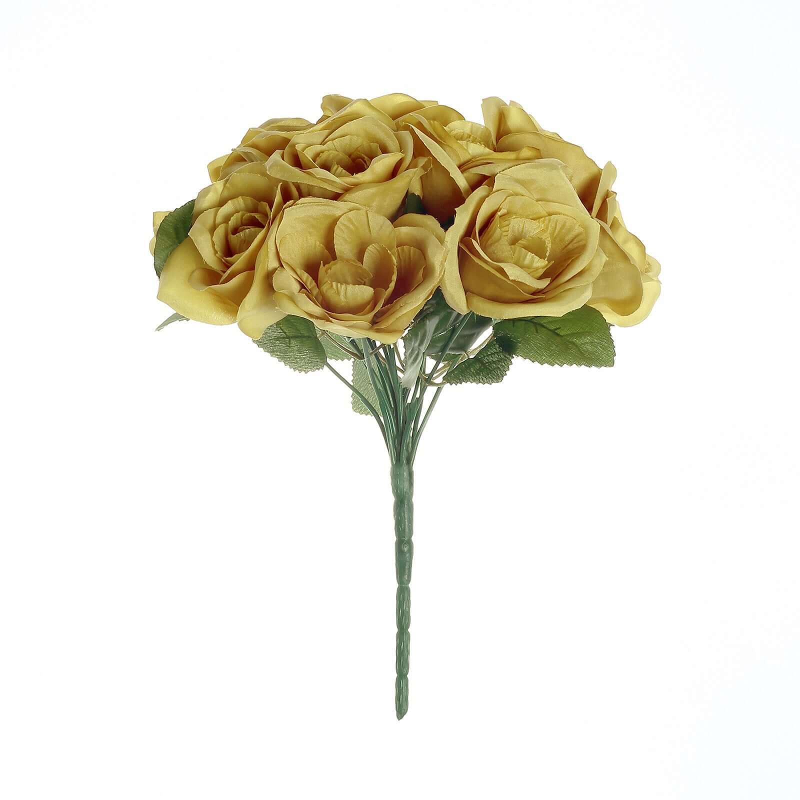 12 Gold Artificial Velvet-Like Fabric Rose Flower Bouquet Bush