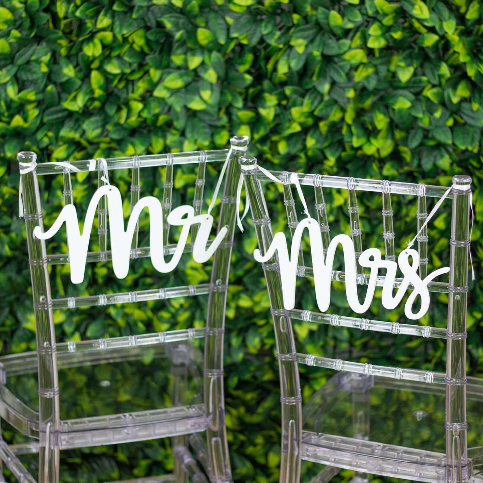 Set of 2 Wood Mr and Mrs Chair Signs White - Chic Calligraphy Wall Hanging Wedding Decor & Props 12x6