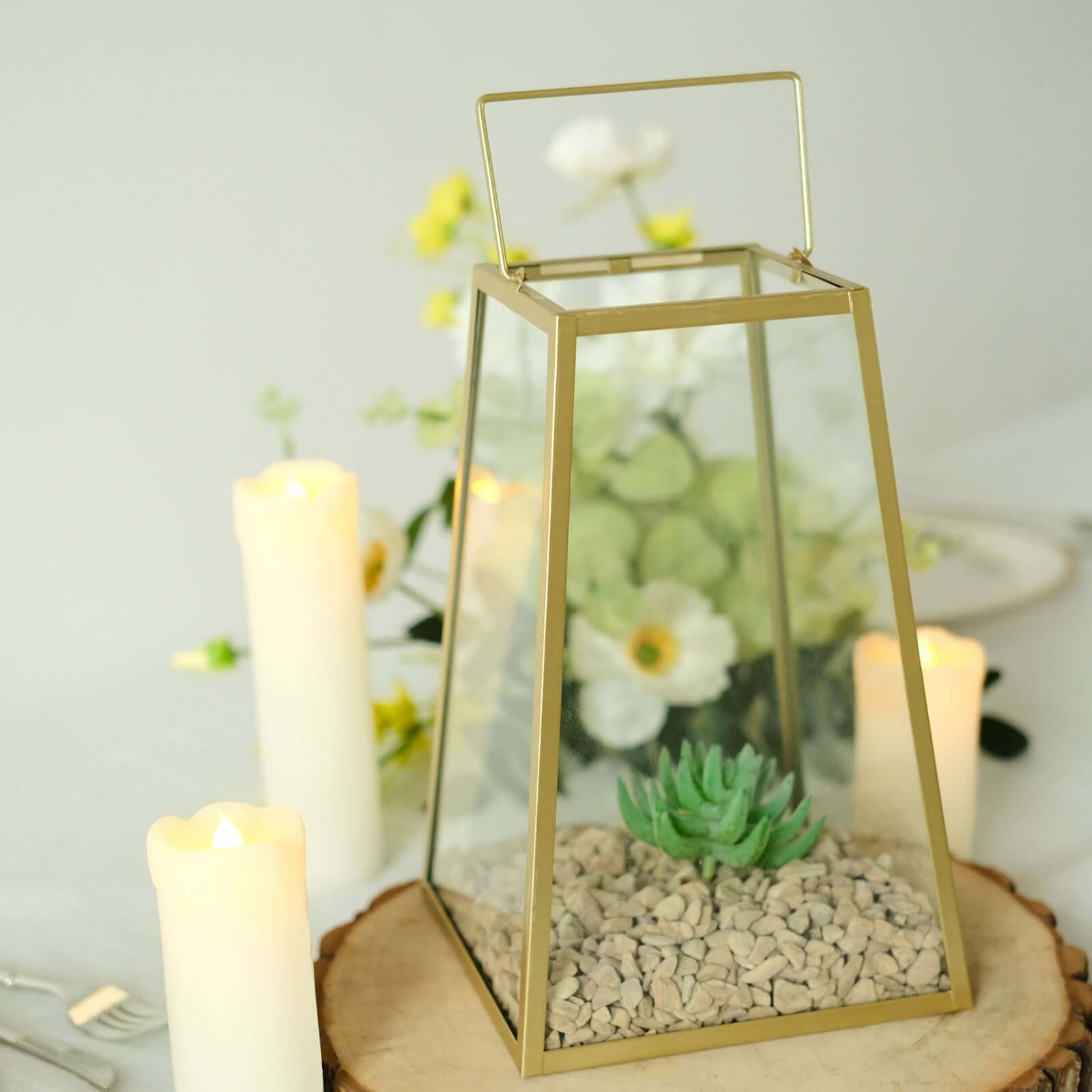 Metal Candle Lantern Trapezoid Geometric Design Gold - Hanging Terrarium Table Centerpiece for Indoor/Outdoor 10