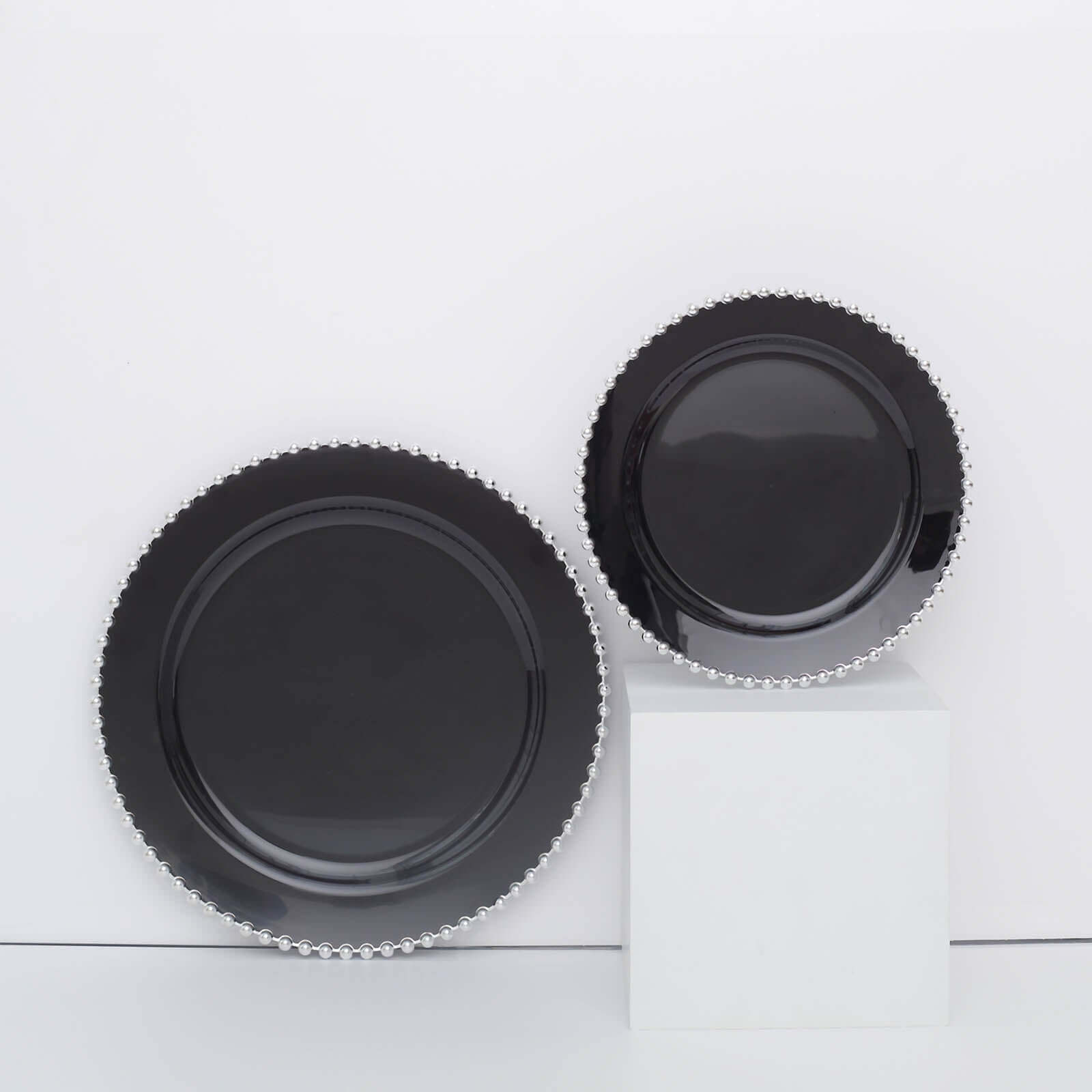 10-Pack Plastic 8 Round Appetizer Dessert Plates in Black with Silver Beaded Rim - Disposable Salad Plates