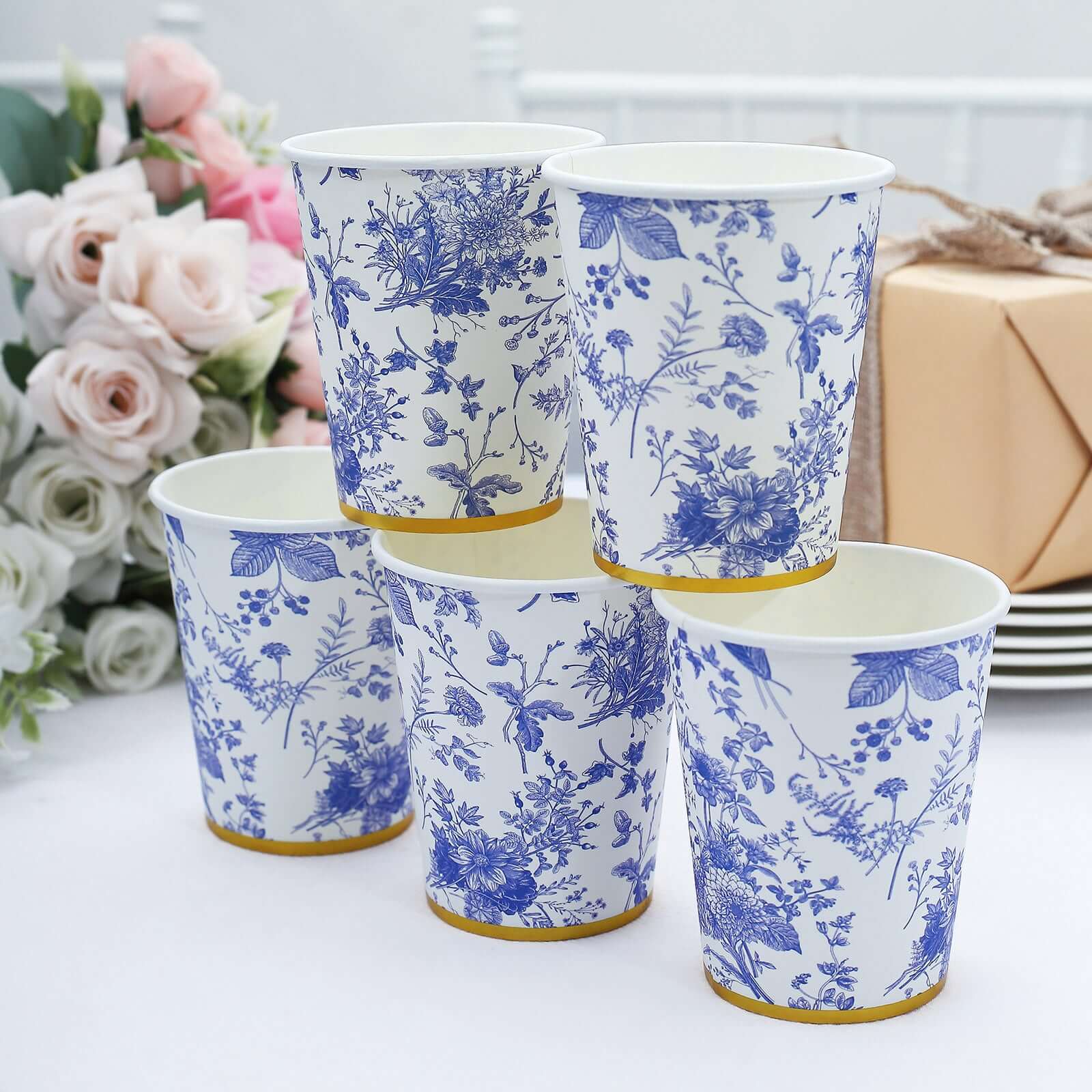 24-Pack Paper Cups in White with Light Blue French Toile Print - Stylish Disposable Floral Party Cups with Gold Rim for Hot & Cold Beverages 9oz