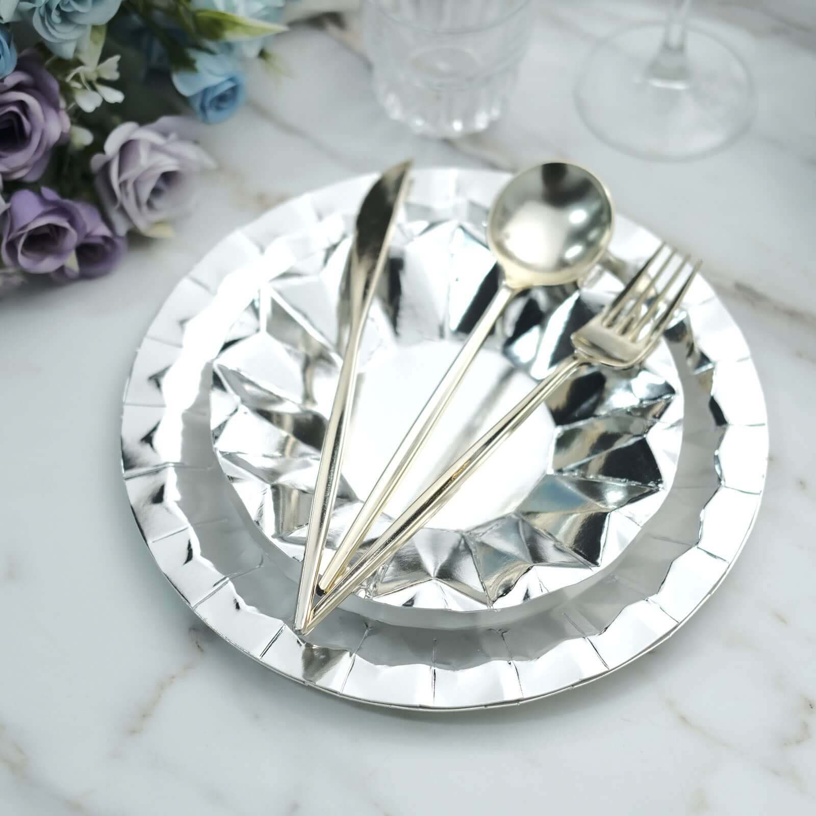 25-Pack Paper 7 Round Dessert Plates in Metallic Silver with Geometric Prism Rim - Disposable 400GSM Appetizer Salad Plates