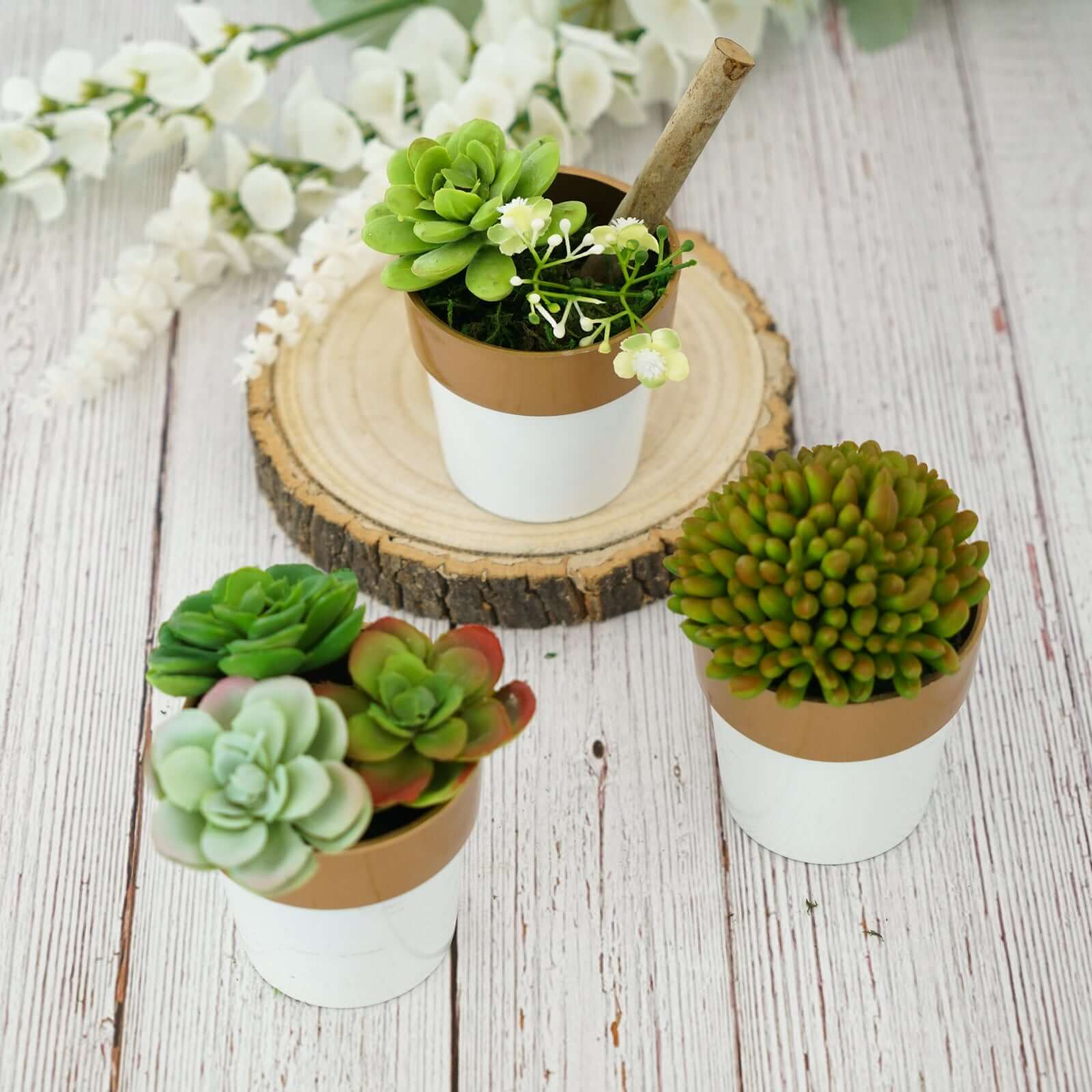 3-Pack Flower Plant Pots Small Design White with Gold Rim - Plastic Indoor Decorative Planters 3