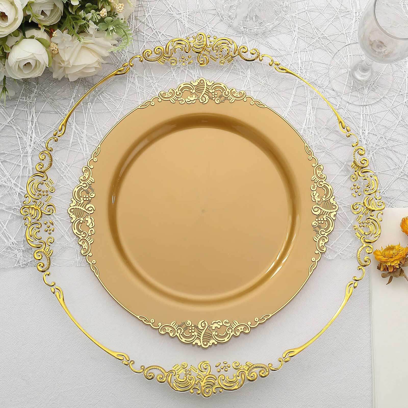 10-Pack Plastic 10 Round Dinner Plates in Gold with Leaf Embossed Rim - Disposable Vintage Baroque Style Plates for Luxurious Gatherings & Events